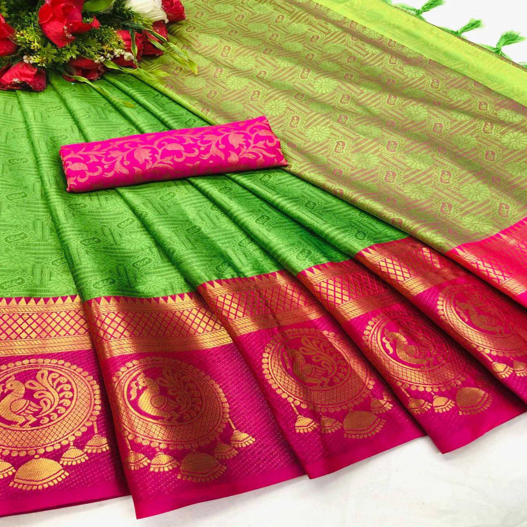 Peachmode Charming Green Coloured Casual Wear Printed Self Cotton Silk Saree