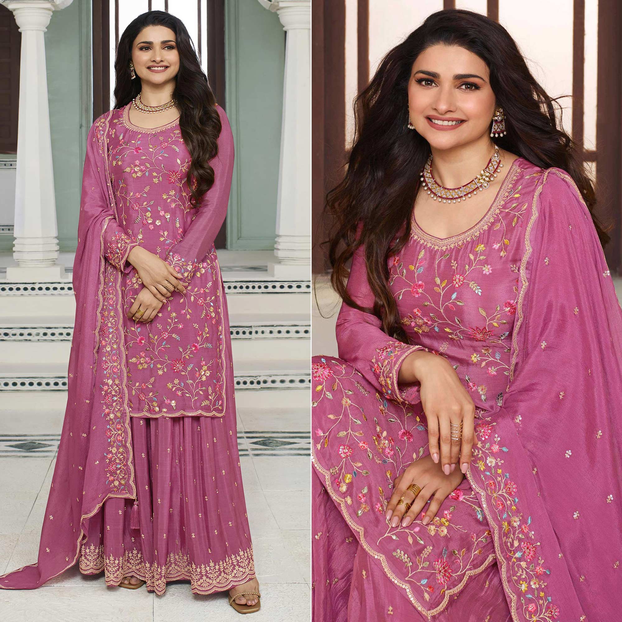 Peachmode Dark Mauve Floral Embroidered Chinon Sharara Salwar Suit