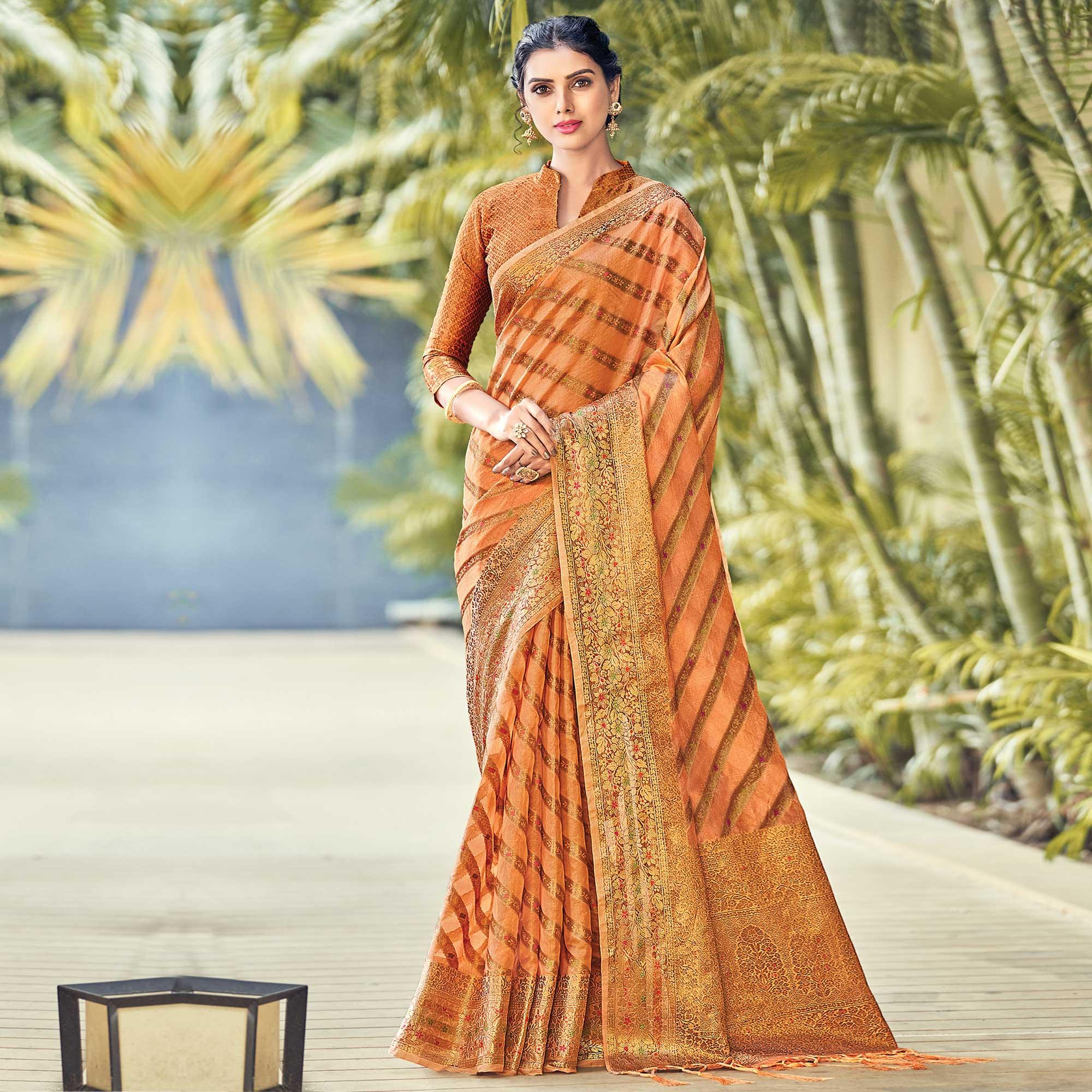 Peachmode Light Orange Festive Wear Woven Organza Saree