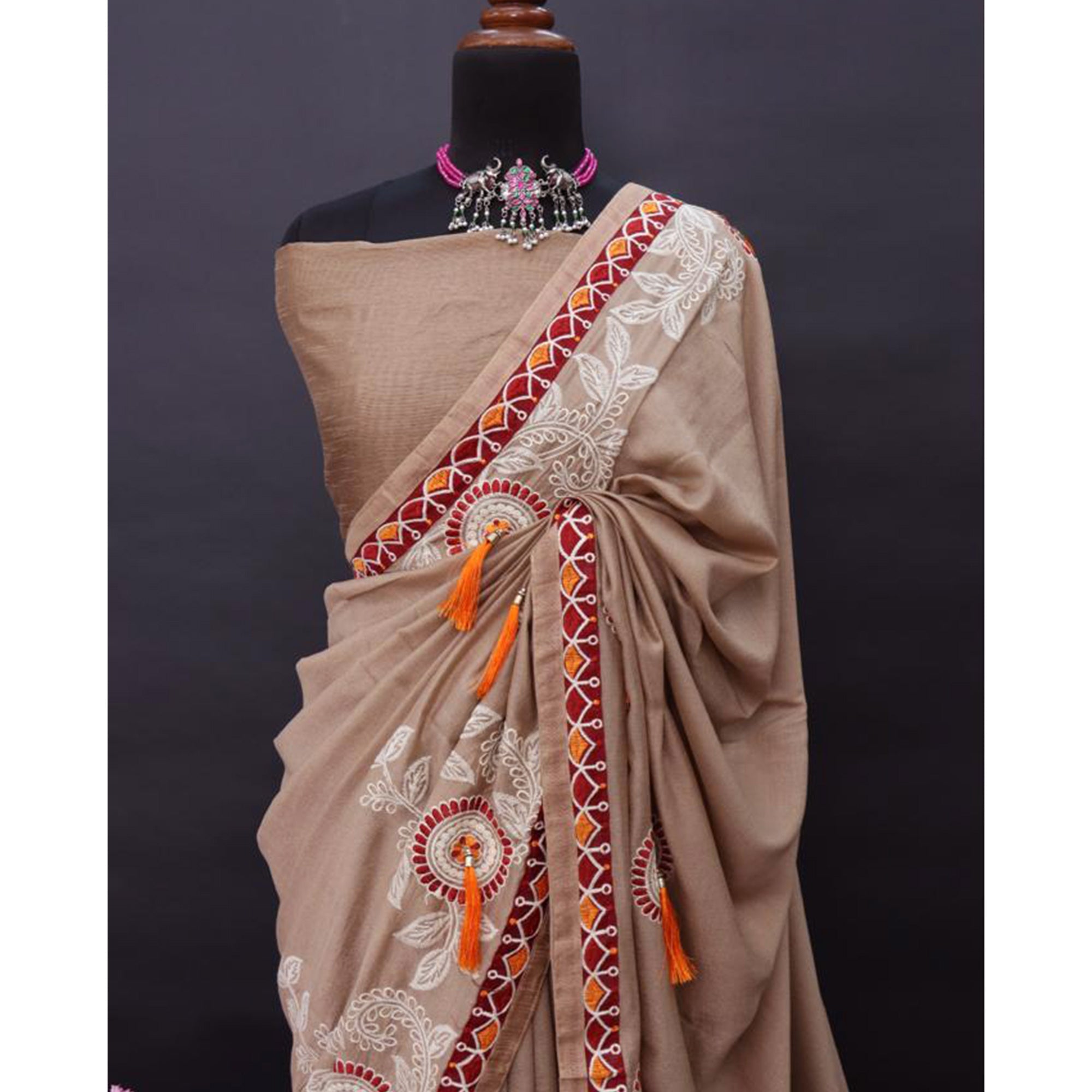 Peachmode Dark Chikoo Embroidered Vichitra Silk Saree - view 3