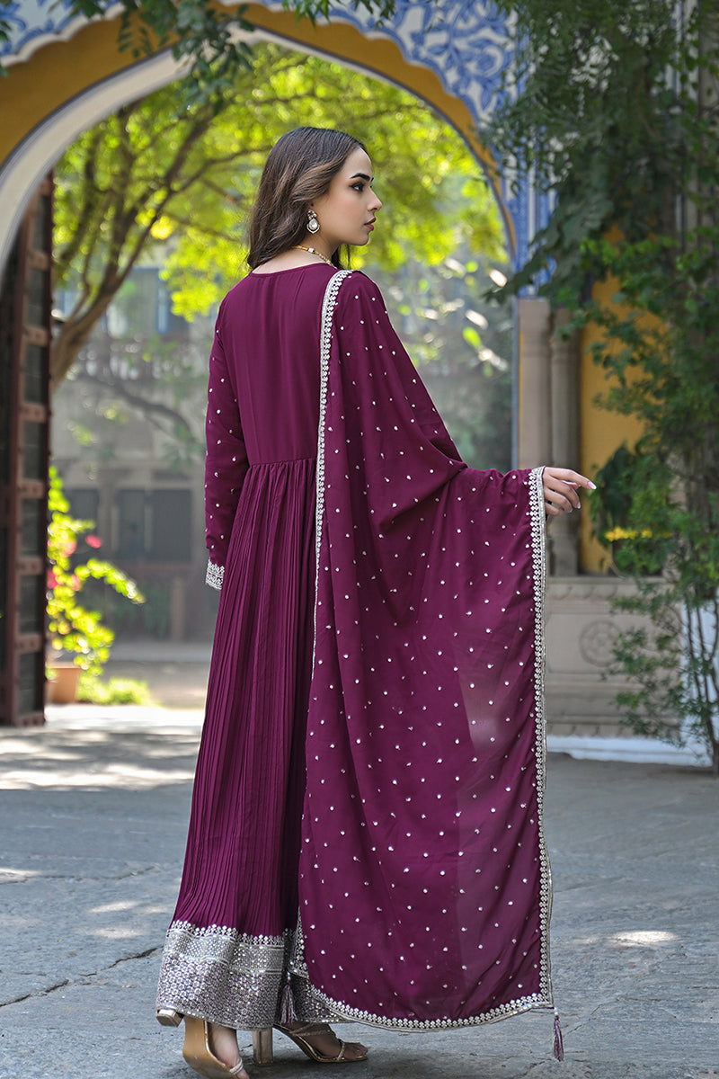 Ahika Magenta Georgette Solid Yoke Design Sequined Anarkali Kurta dupatta Set VKSET1480 - view 4