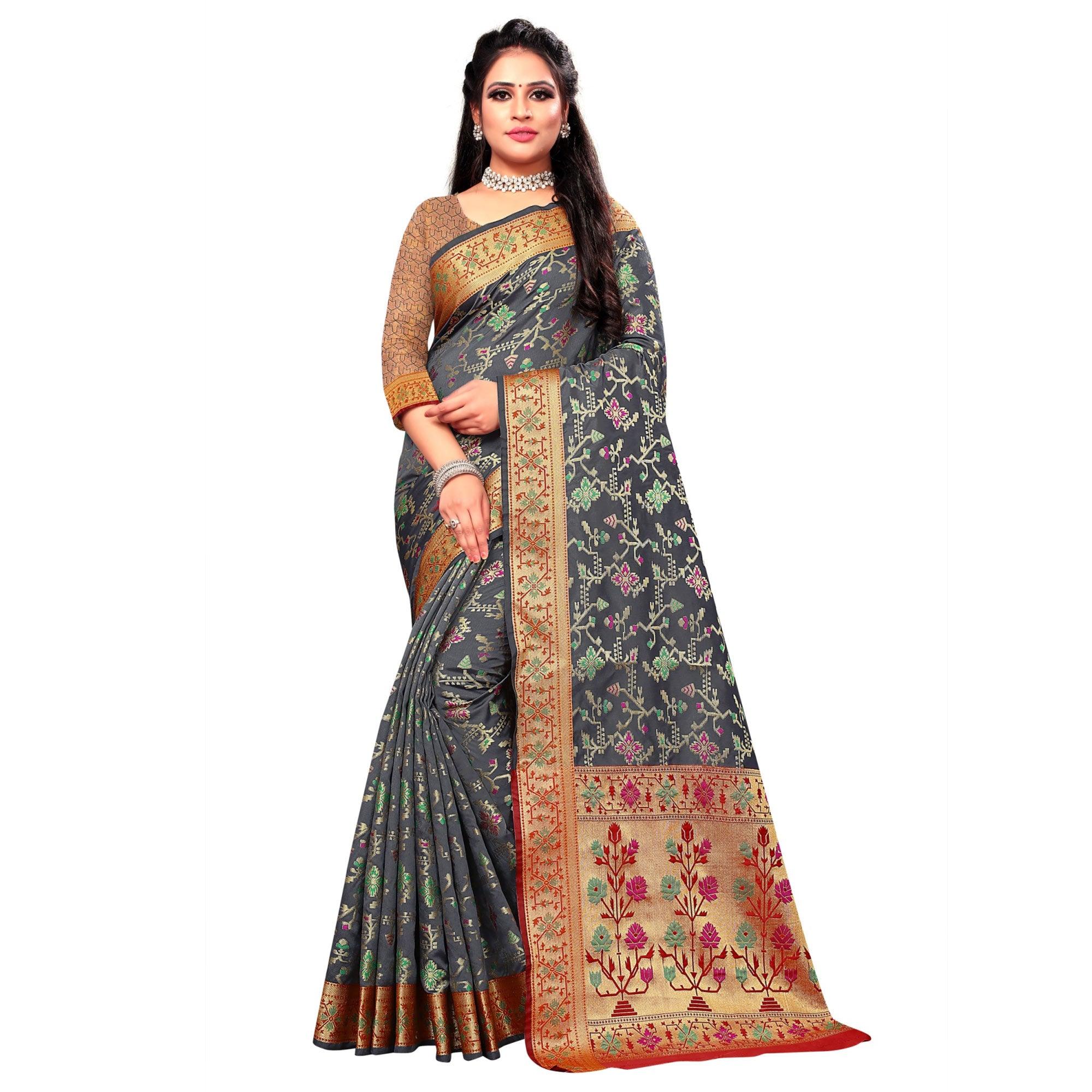 Peachmode Captivating Grey Colored Festive Wear Woven Silk Saree