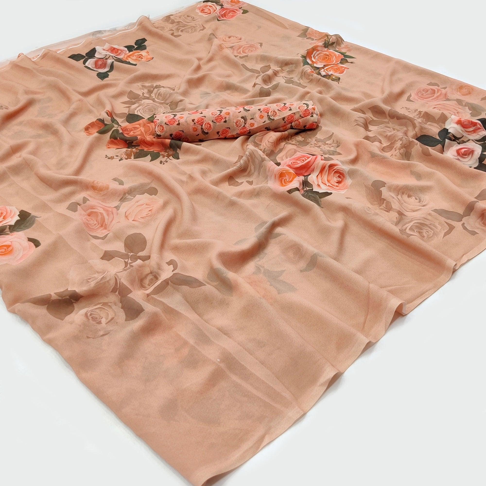 Peachmode Dark Cream Digital Printed Georgette Saree