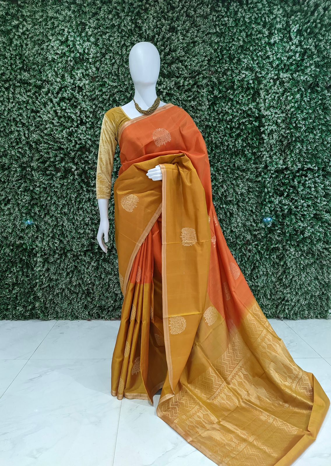 IndianVillèz Orange Gold South Handloom Kanjivaram Soft Silk Saree