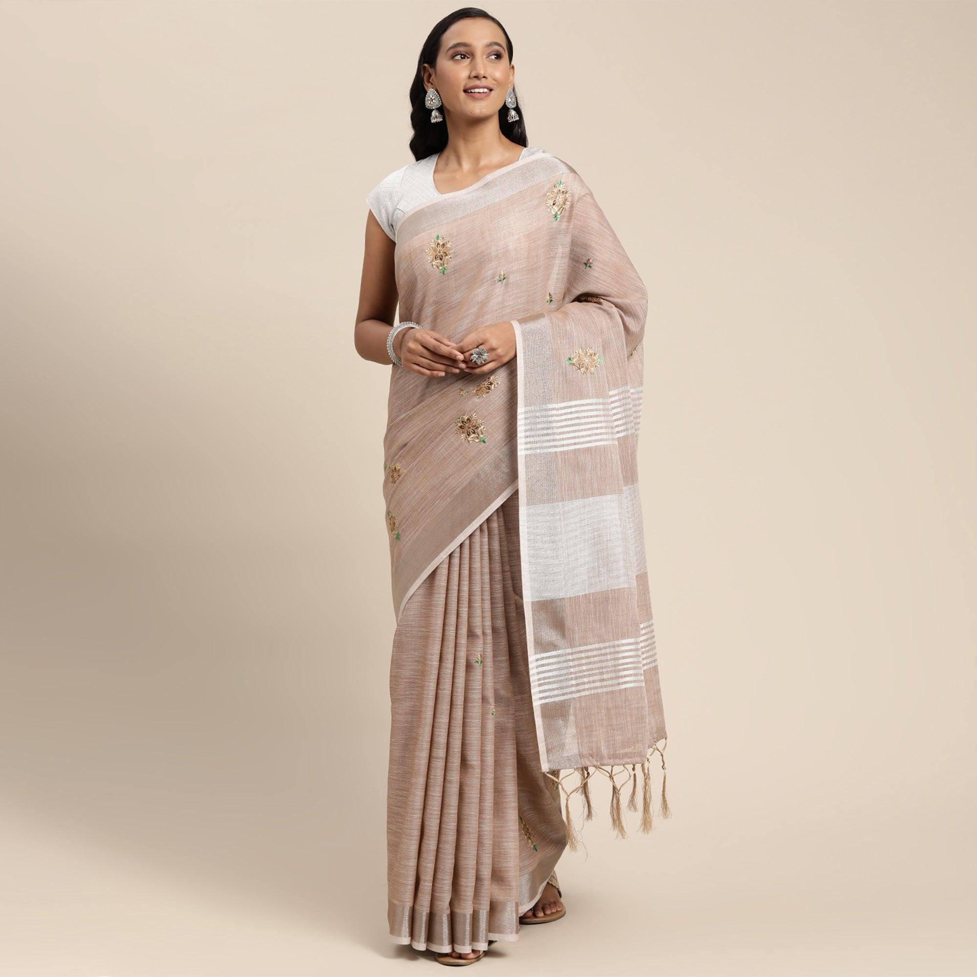Peachmode Brown Embroidered Linen Saree With Tassels