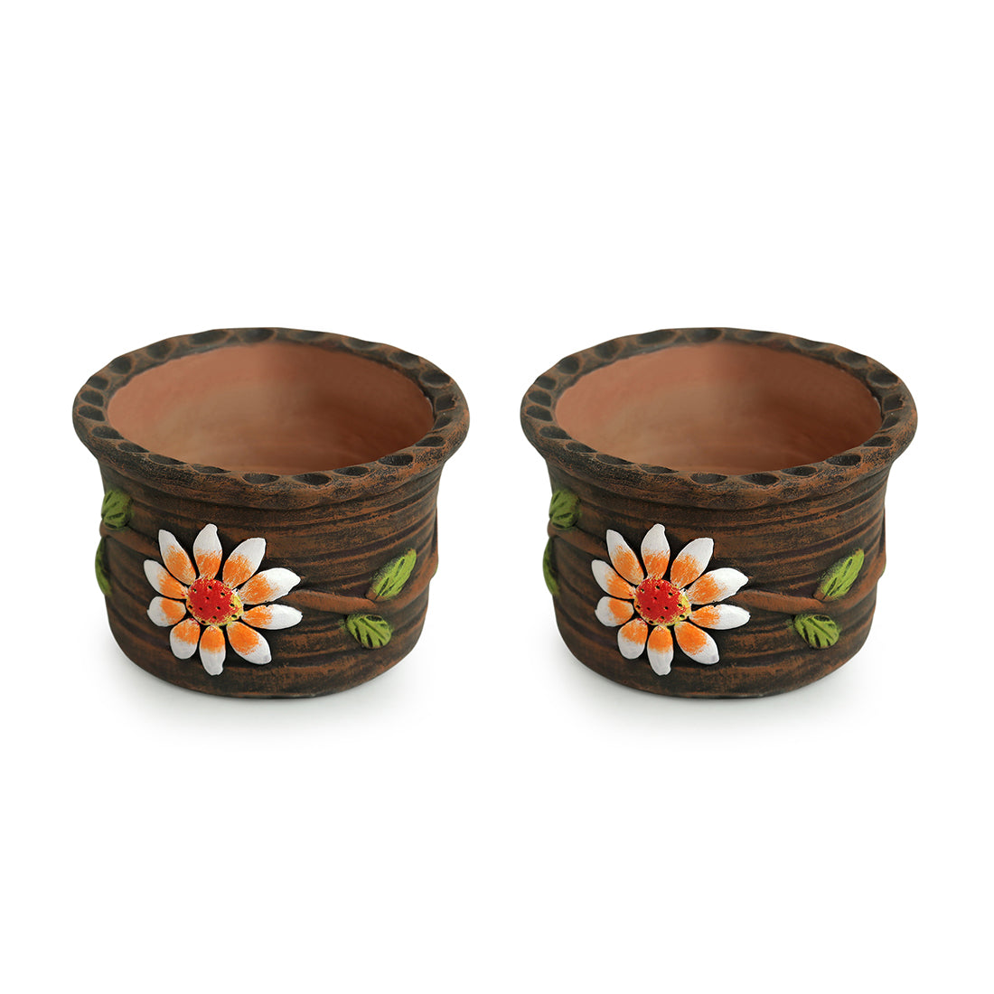 EXCLUSIVELANE 'Mud Blossom Pair' Handmade & Handpainted Terracotta Planter Pots (4 Inch, Set of 2) - view 2
