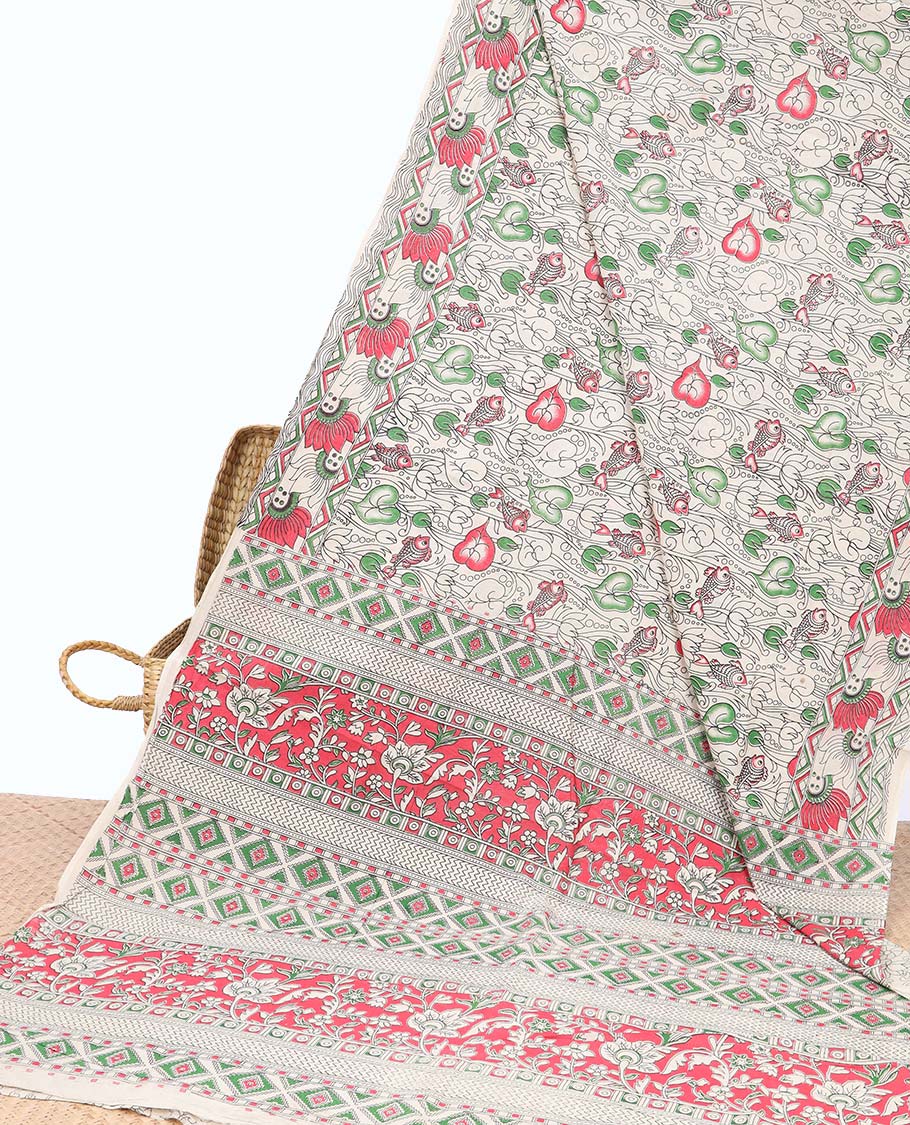 Pothys Off-white unique floral machine-printed kalamkari cotton saree, floral design border & floral & geometric pallu