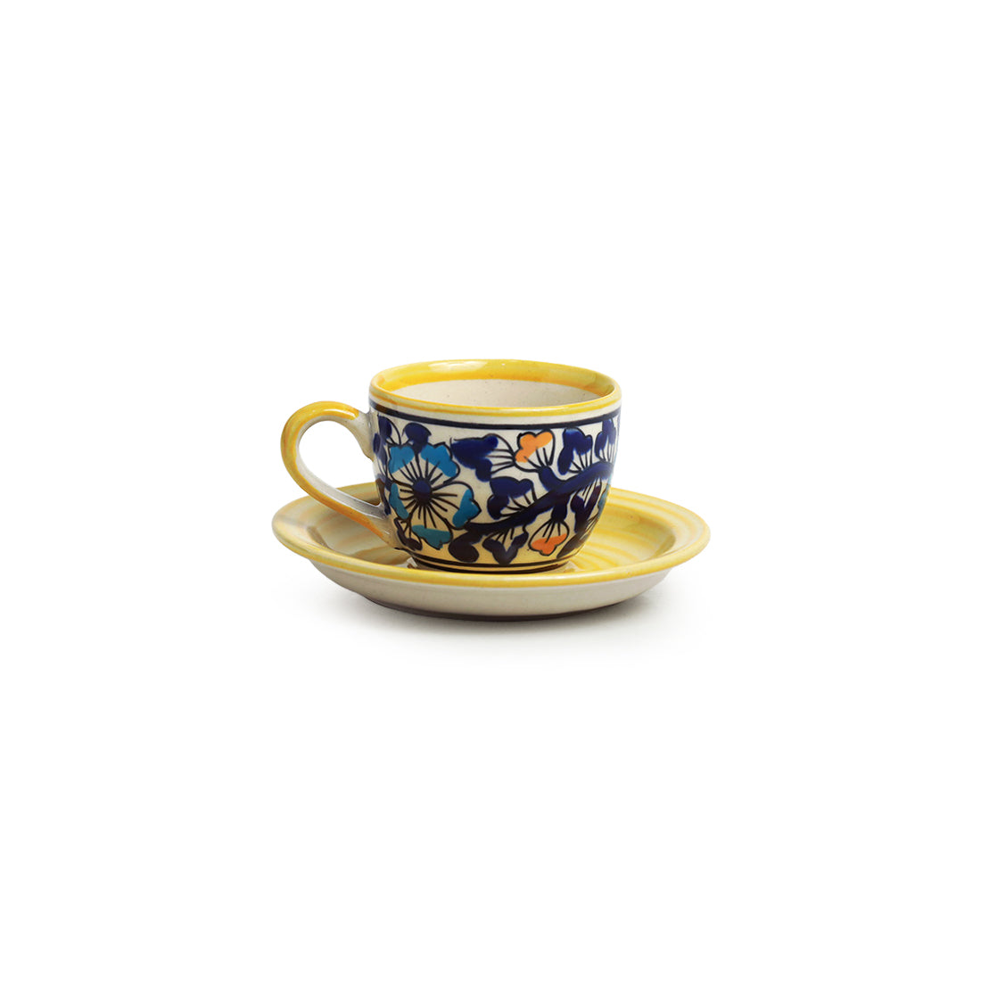EXCLUSIVELANE 'Badamwari Bagheecha' Handpainted Ceramic Coffee & Tea Cups With Saucers (Set of 6, 120 ML, Microwave Safe) - view 3