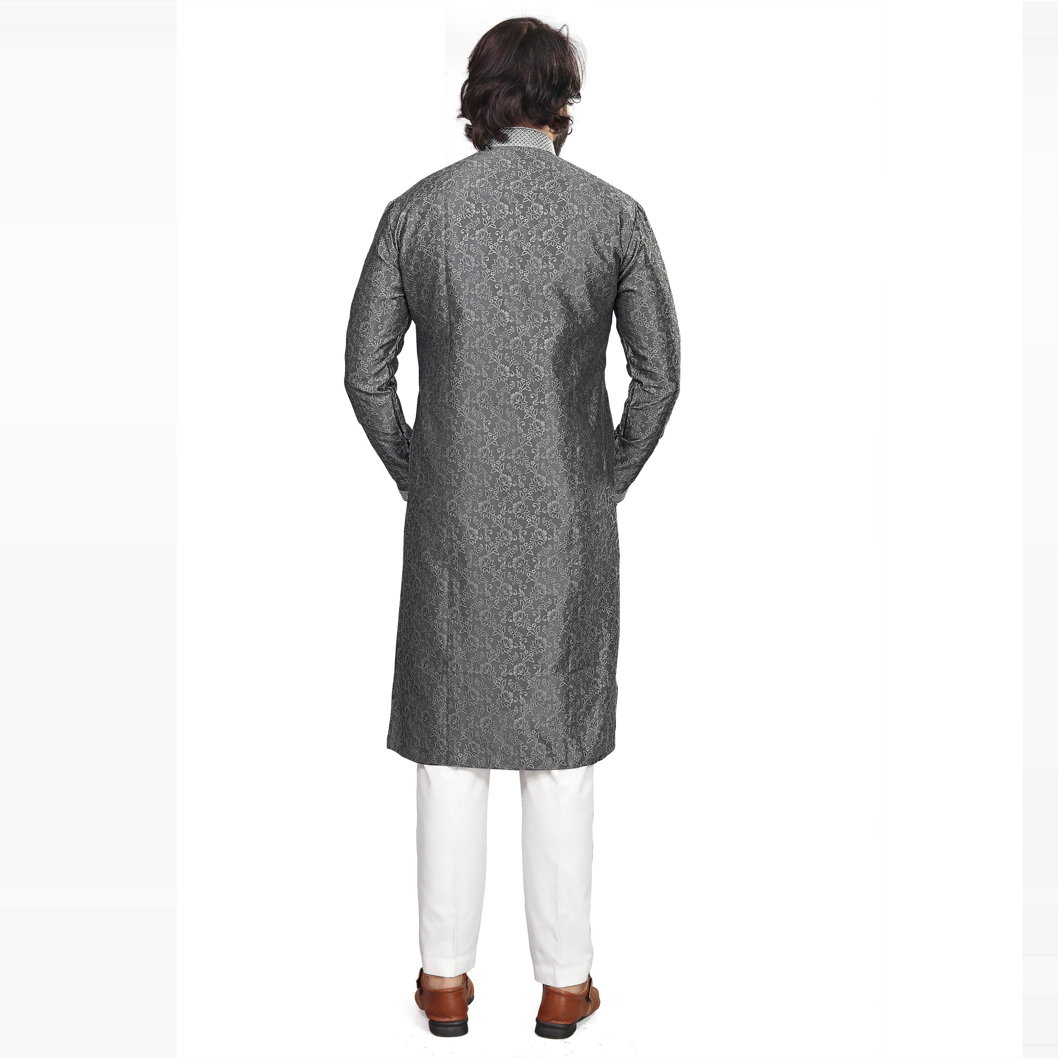 Peachmode Seller Grey Woven Jacquard Men's Kurta Pyjama Set - view 2