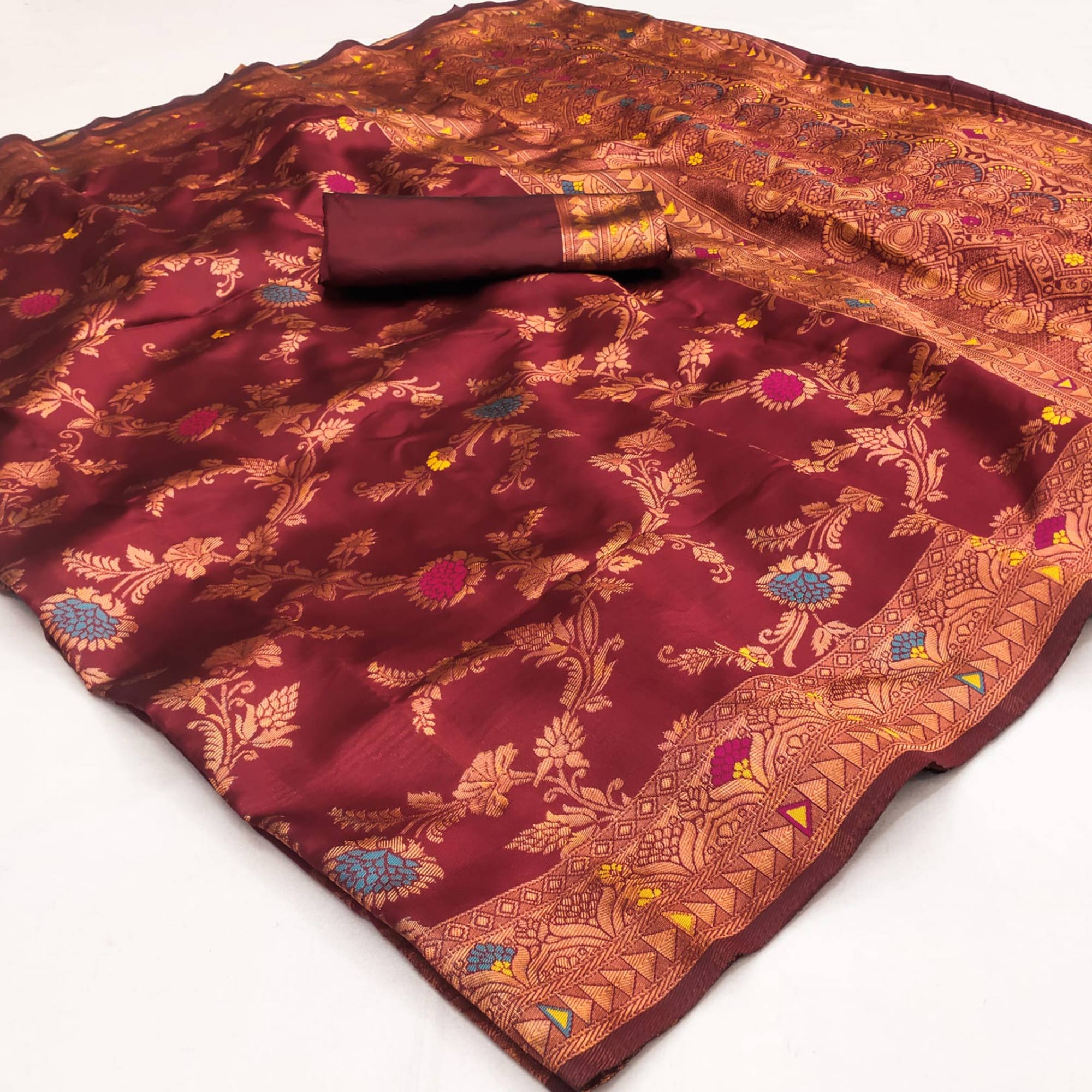 Peachmode Maroon Floral Woven Art Silk Saree – Women's - view 2