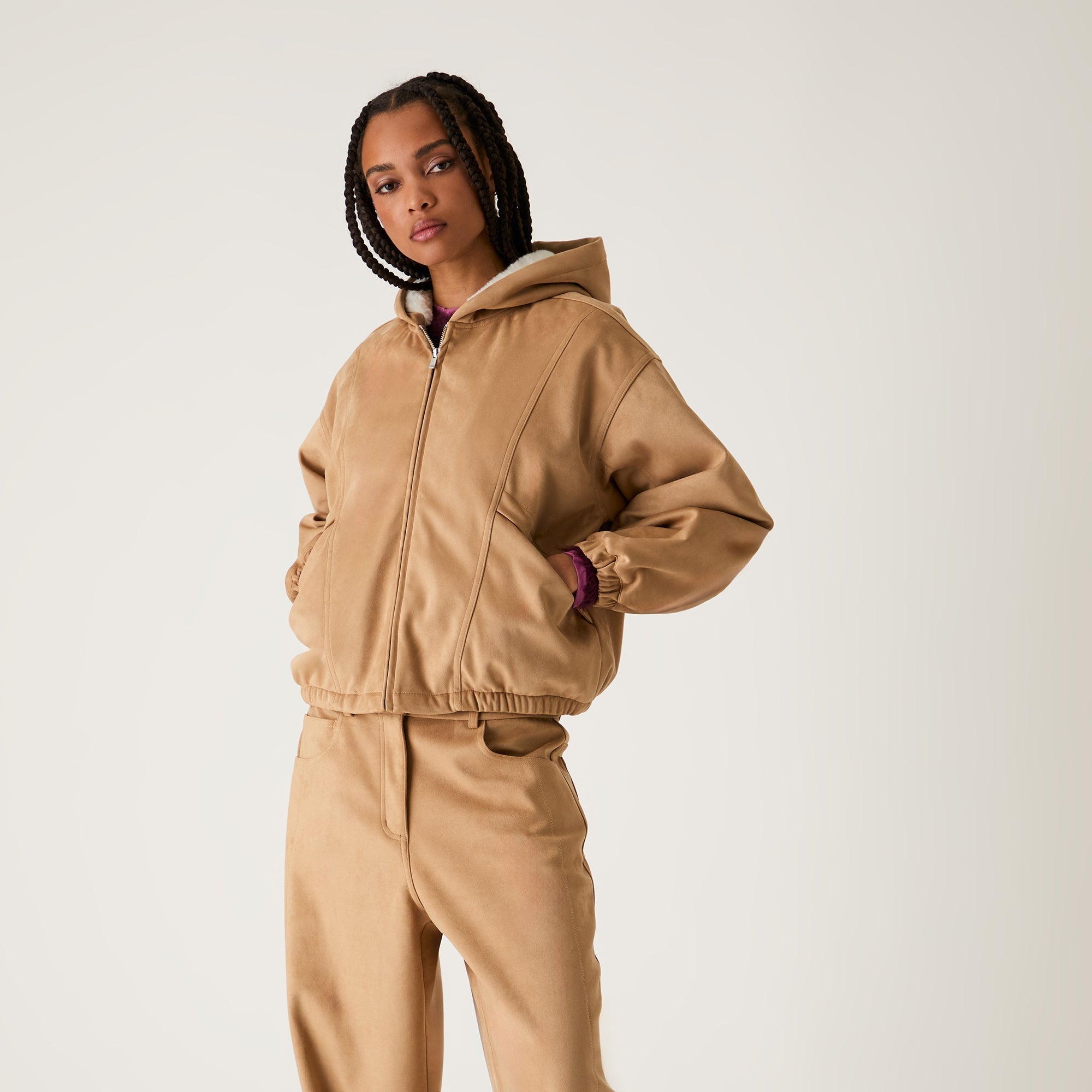 Kith Women Nylas Microsuede Zip Hooded Bomber - Birch - view 2
