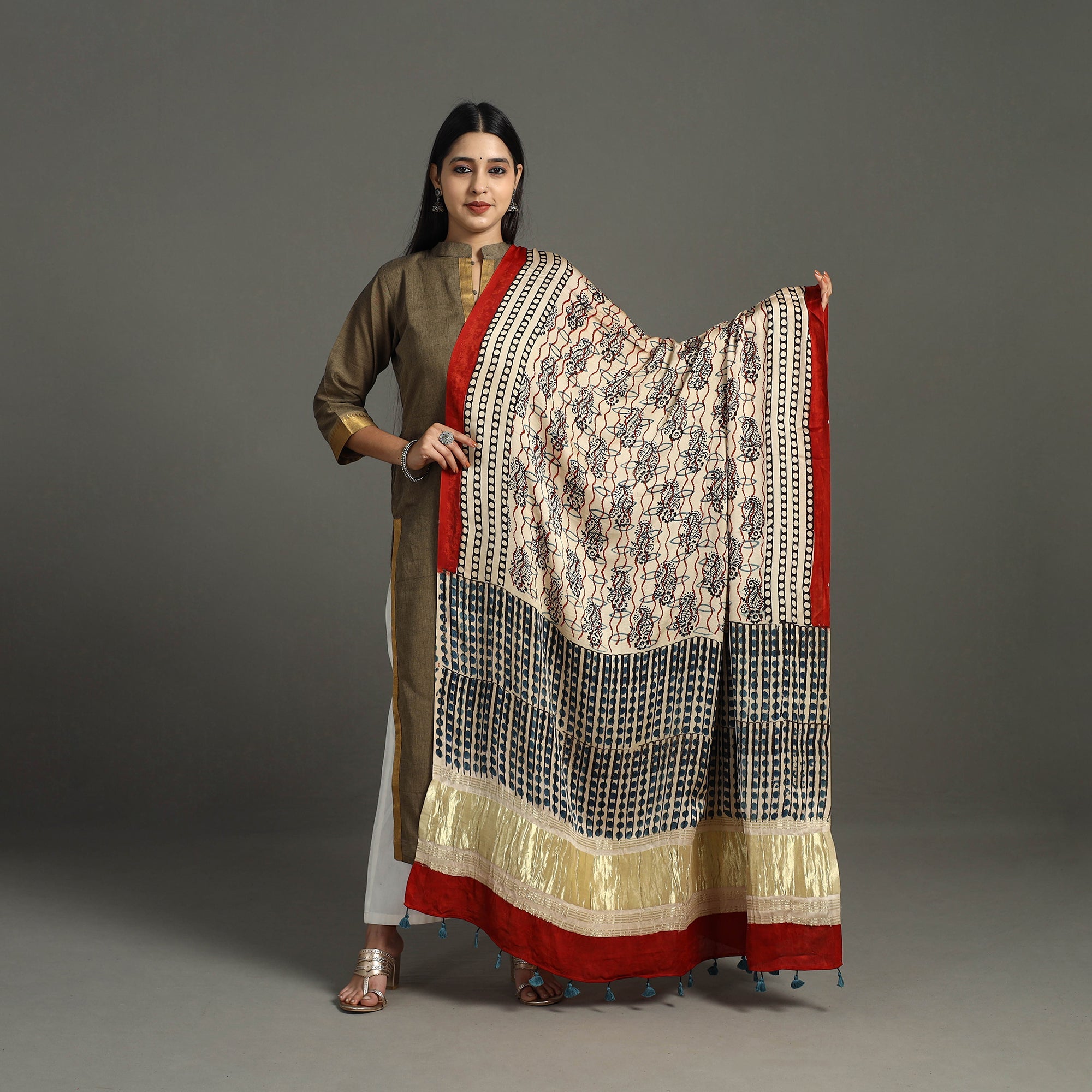 RIYAZ ABDULMAJID KHATRI - AJRAKH Beige - Hand Block Print Modal Silk Lagdi Patta Ajrakh Dupatta 44 - view 2