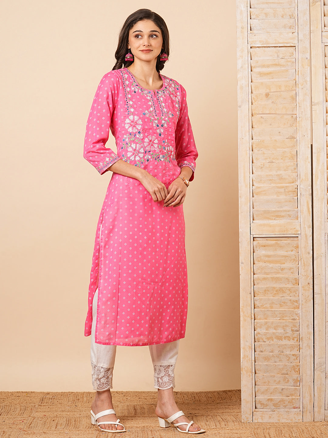 FASHOR Ethnic Khari Printed & Embroidered Straight Fit Kurta - Pink - view 5