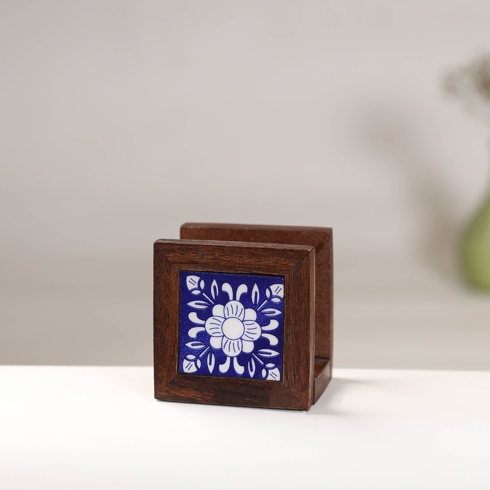 RAJASTHAN BLUE POTTERY Brown - Original Blue Pottery Ceramic Sheesham Wood Napkin Holder - view 2