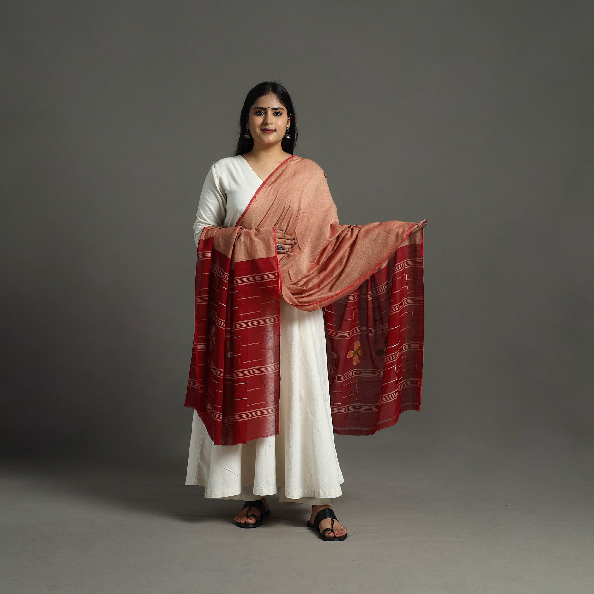 ITOKRI CRAFTS INITIATIVE Brown - Handspun Handloom Cotton Jamdani Dupatta 33