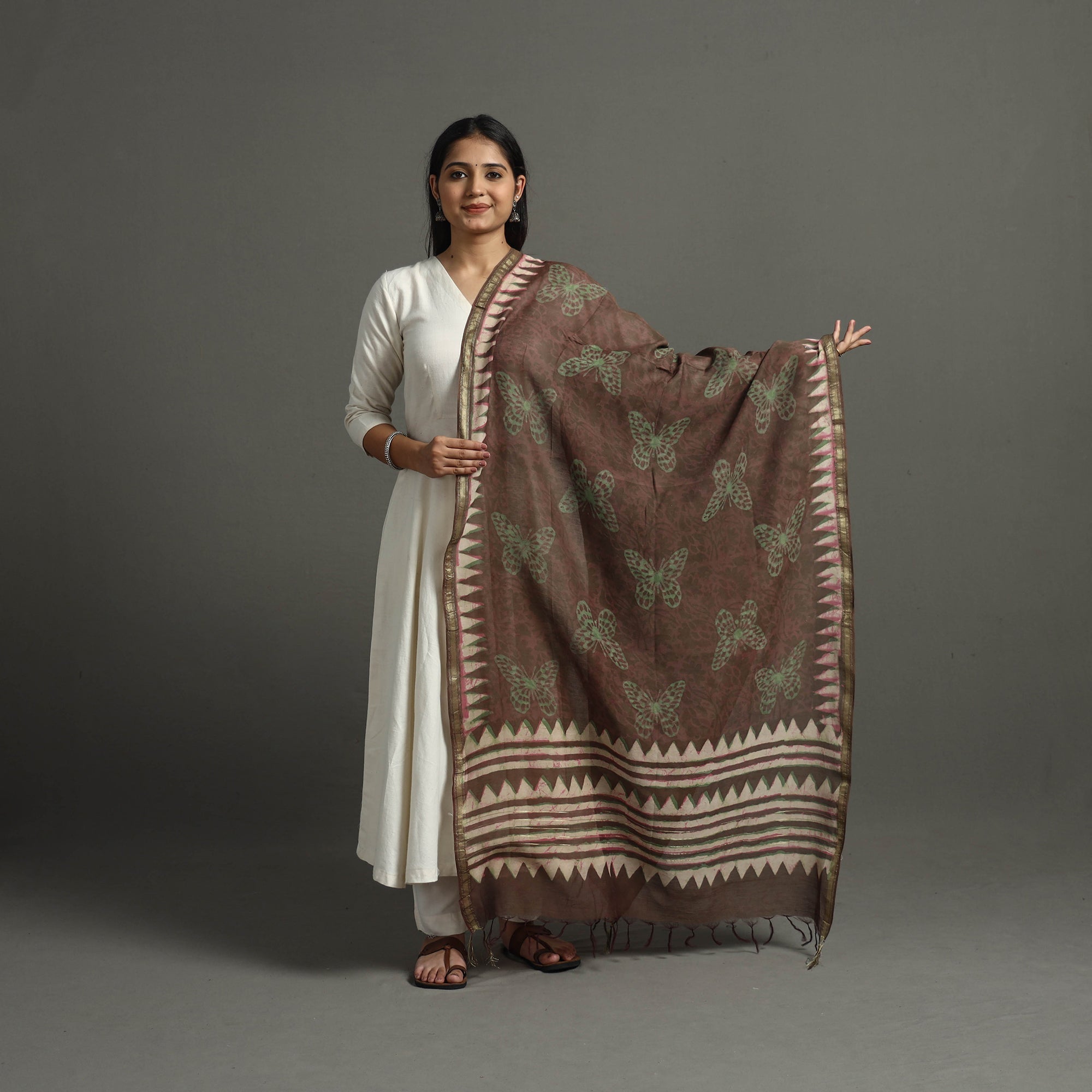 BAGRU DABU PRINTS Brown - Block Printed Chanderi Silk Bagru Dupatta 50