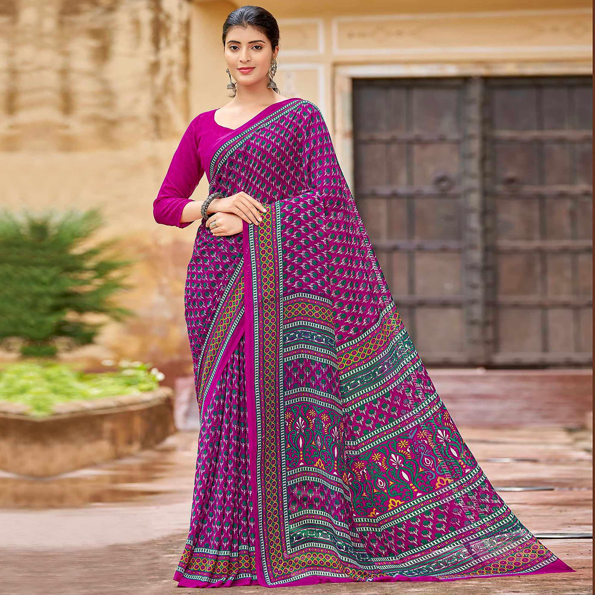Peachmode Magenta Purple Printed Georgette Saree