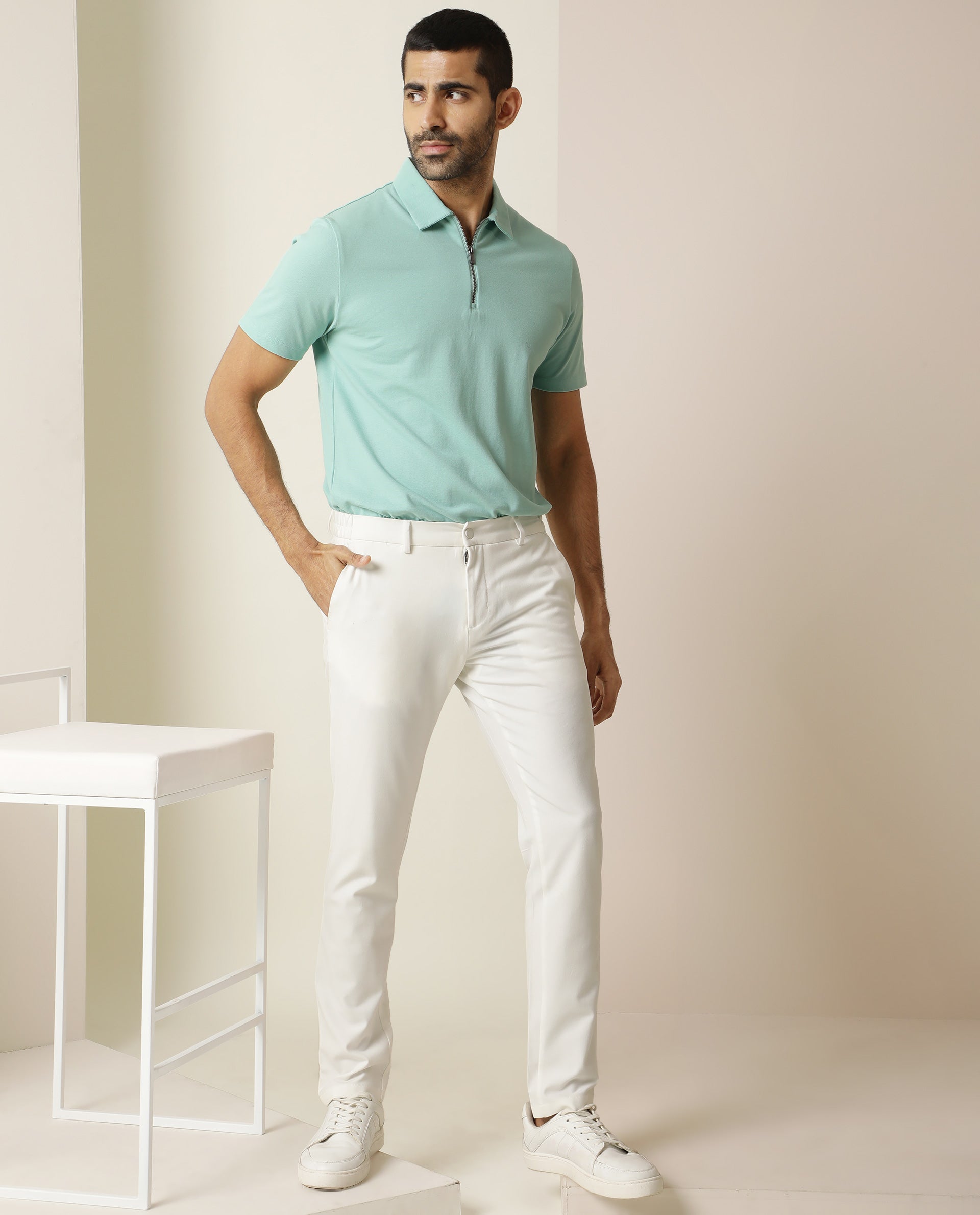 Rare Rabbit Men's Stel Pastel Green Cotton Fabric Collared Neck Zipper Closure Half Sleeves Flat Knit Polo T-Shirt - view 2
