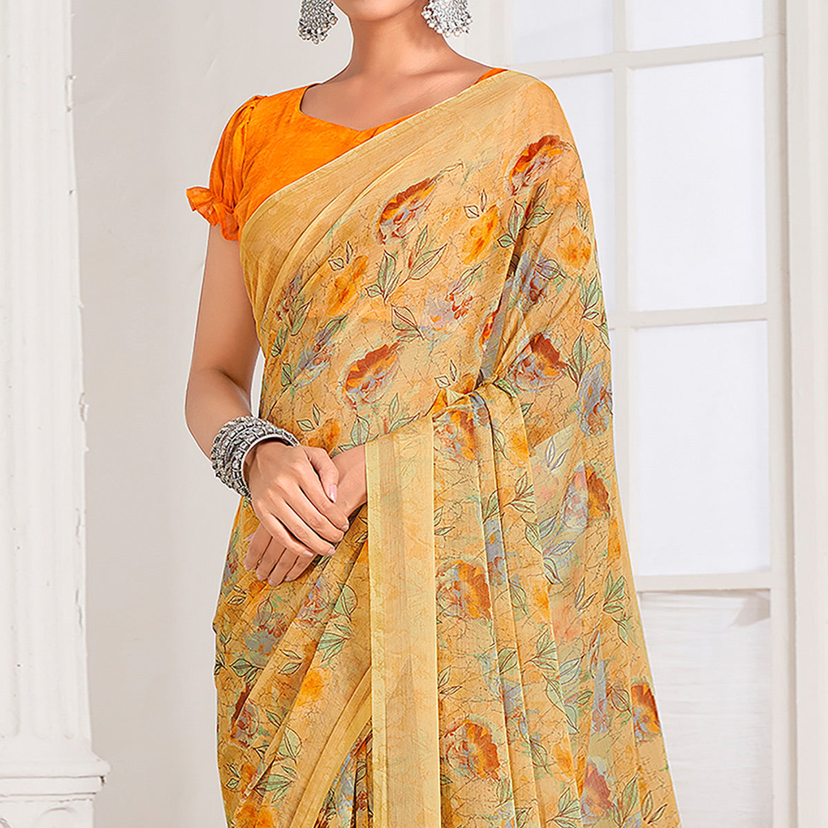 Peachmode Light Yellow Floral Printed Chiffon Saree - view 2