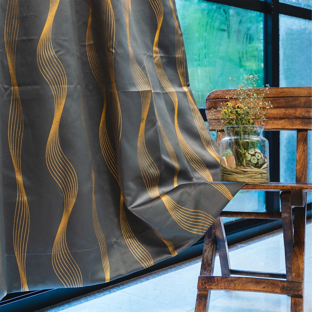 Urban Space -Home Furnishing Store Gold Foil Printed 80-85% Blackout Curtains - Pack of 1 - Double Wave - Grey