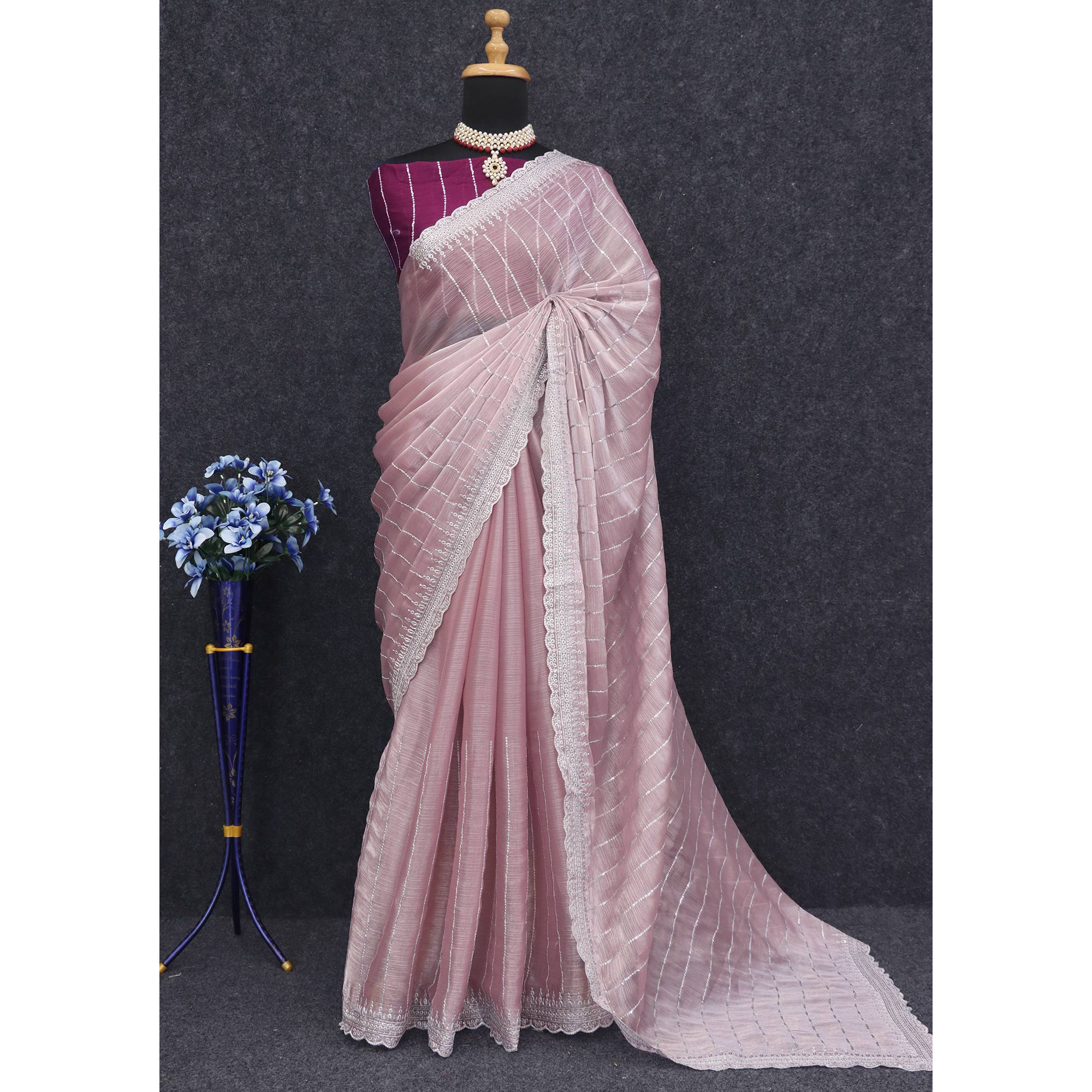 Peachmode Light Mauve Sequins Embroidered Chiffon Silk Saree - view 4
