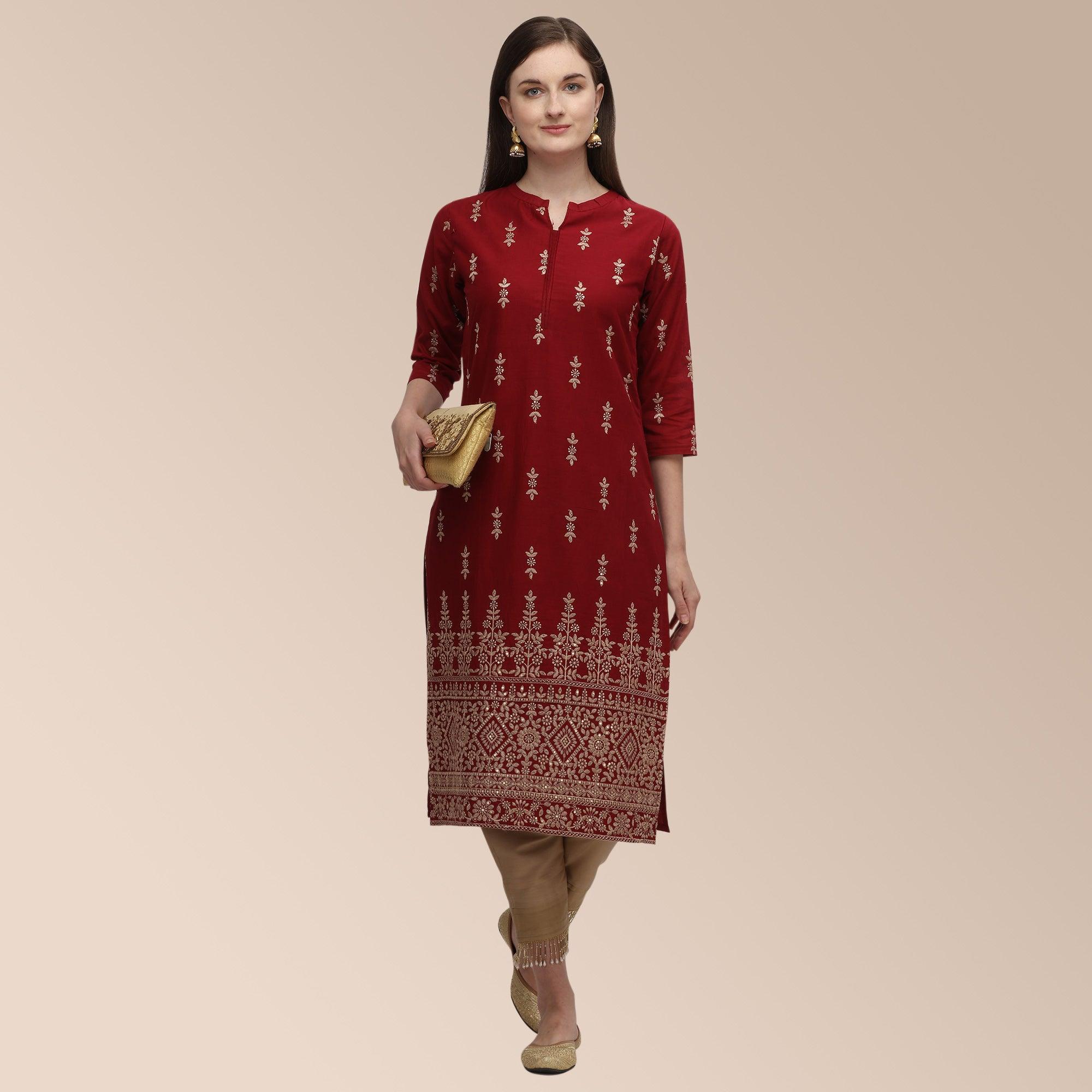 Peachmode Maroon Partywear Woven Cotton Kurti Set