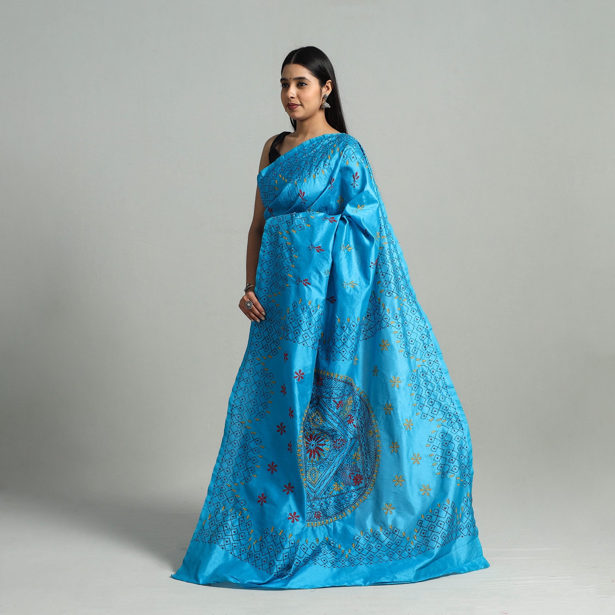 ITOKRI CRAFTS INITIATIVE Blue - Bengal Silk Nakshi Kantha Hand Embroidery Saree 09 - view 2