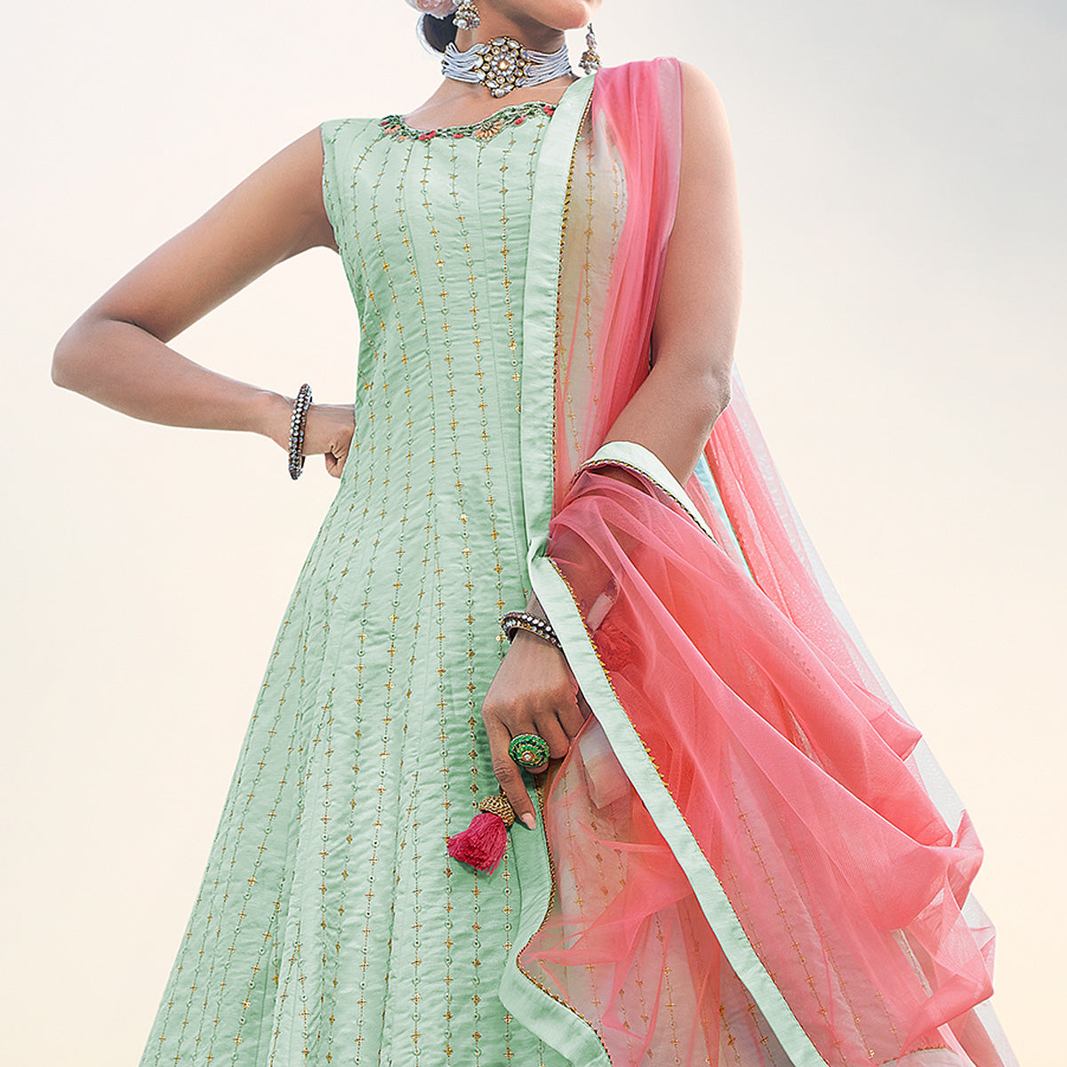 Peachmode Seller Light Sea Green Sequins Embroidered Raw Silk Gown - view 2