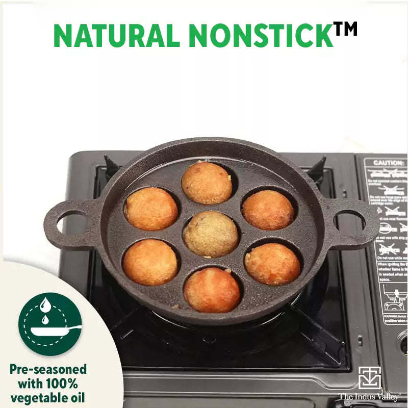 The Indus Valley Super Smooth 7 Pit/Cup Cast Iron Paniyaram/Appe Pan+ Free Spatula, Pre-seasoned, Natural Nonstick, 100% Pure, Toxin-free, 18.9cm, 2.2 - view 8