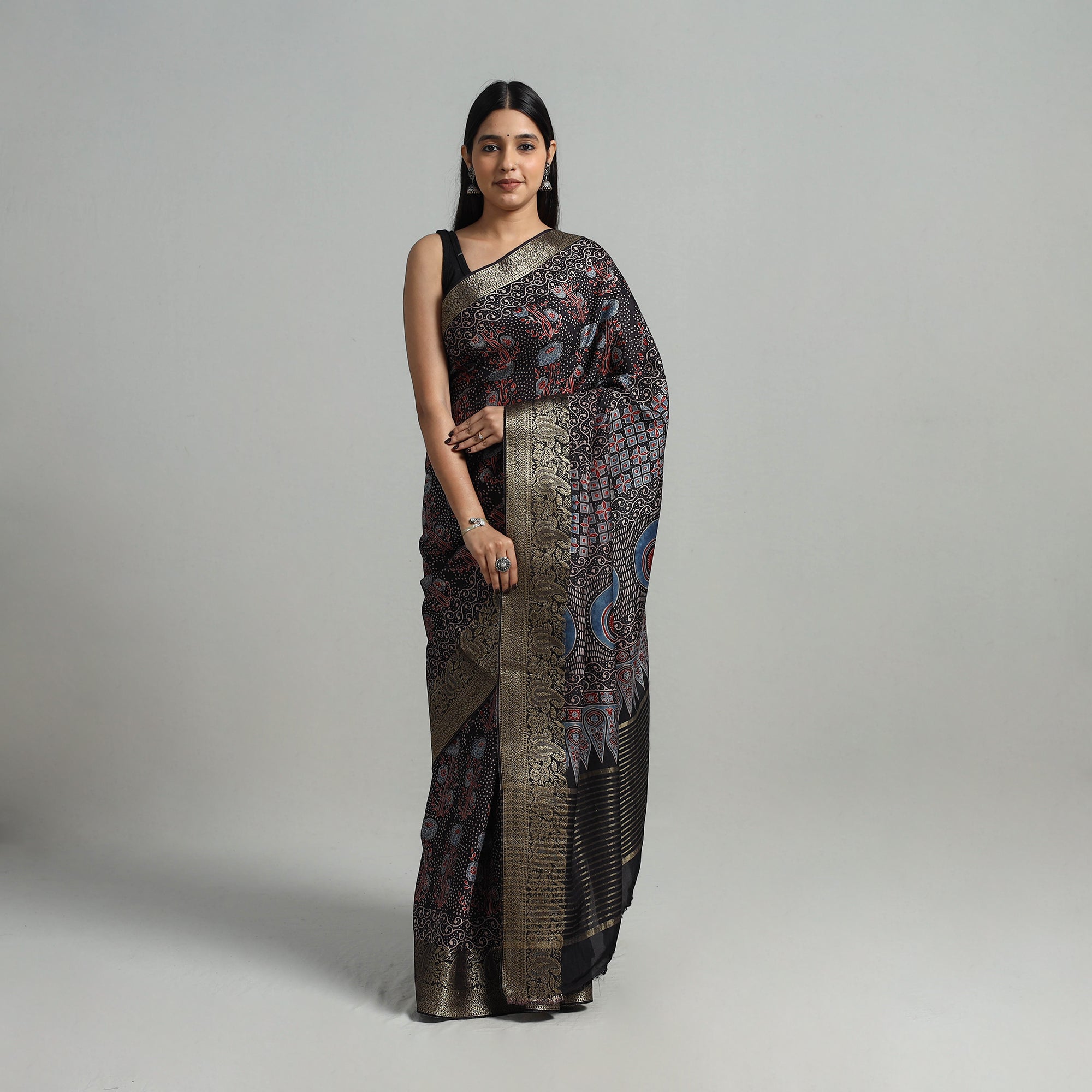 KACHCHH JI CHHAAP Black - Natural Dyed Hand Block Print Dola Silk Ajrakh Saree 05