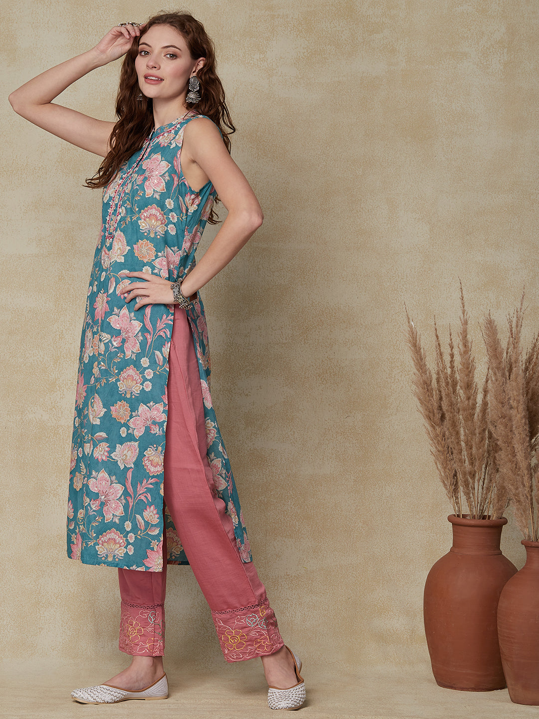 Fashor Ethnic Floral Printed & Embroidered Straight Fit Kurta - Sea Green - view 5