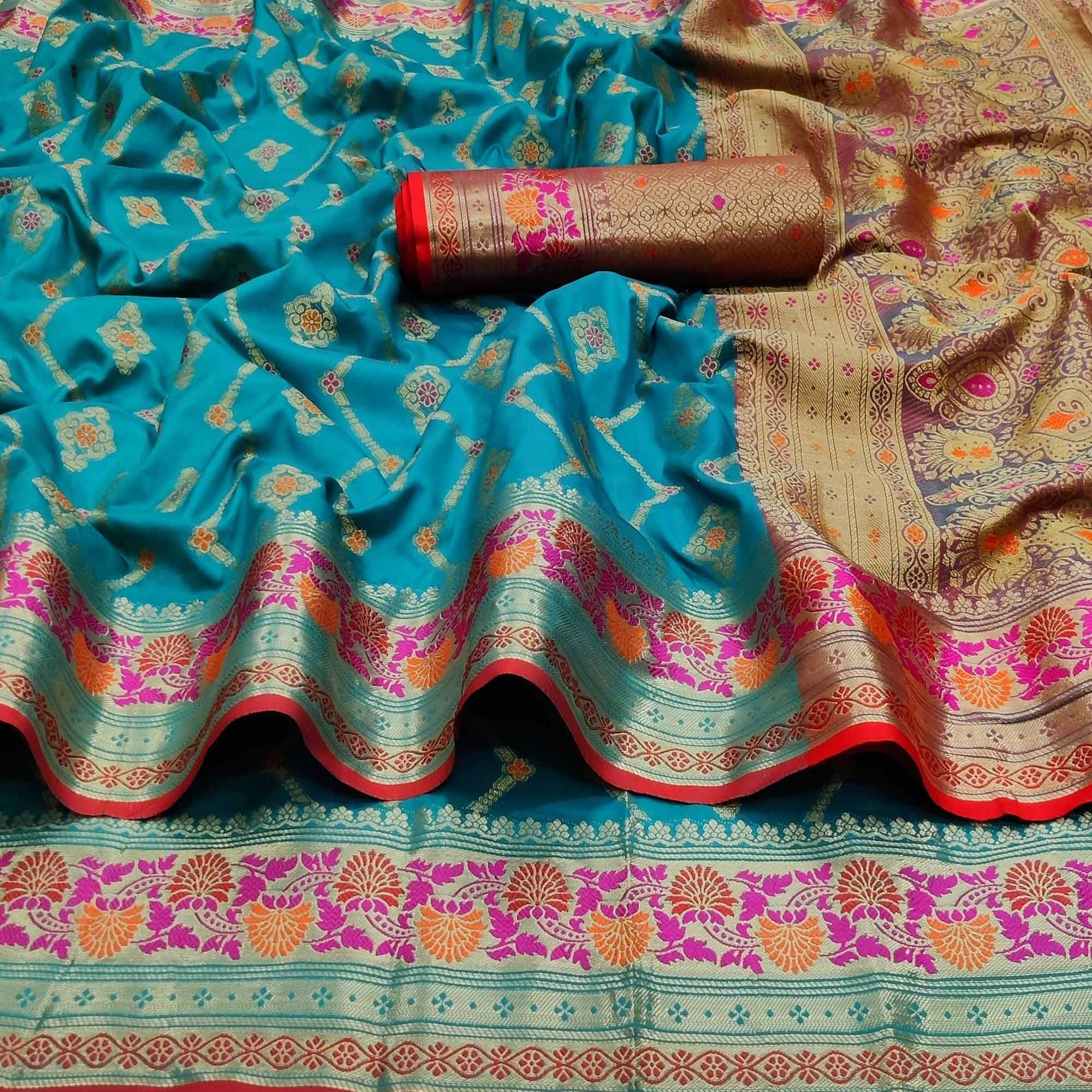 Peachmode Firozi Festive Wear Floral Woven Soft Silk Saree With Jacquard Border - view 2
