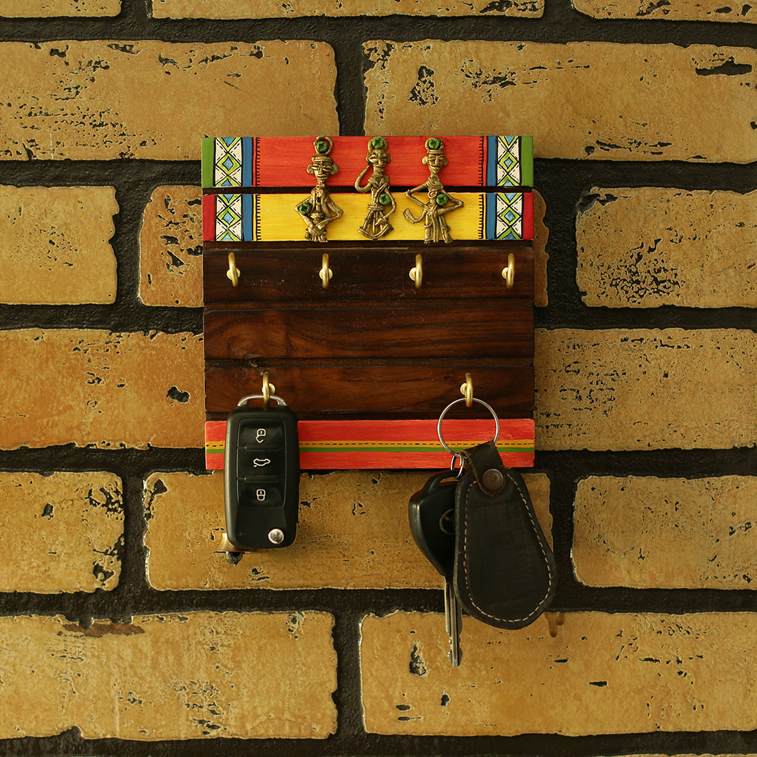 EXCLUSIVELANE 'Tribal Borders' Warli Handpainted Sheesham Wood Key Holder with Dhokra Art (6 Hooks)