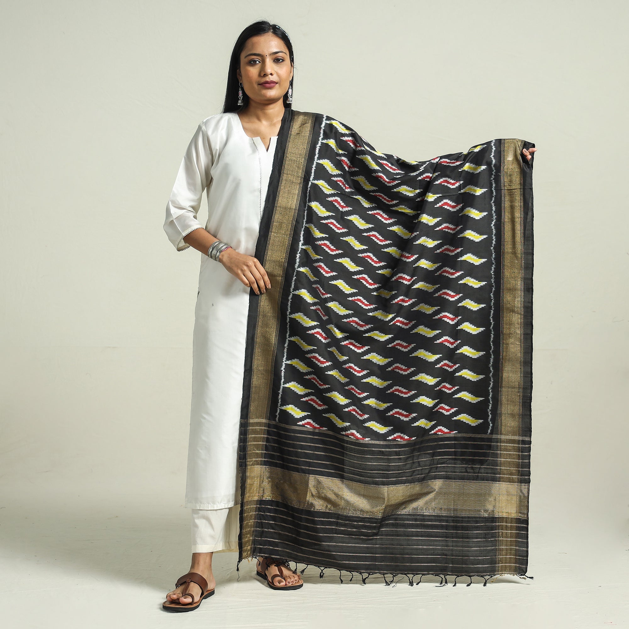 IKAT WEAVES BY EDEM CHANDANA Black - Handwoven Pochampally Ikat Pure Mulberry Silk Dupatta with Tassels