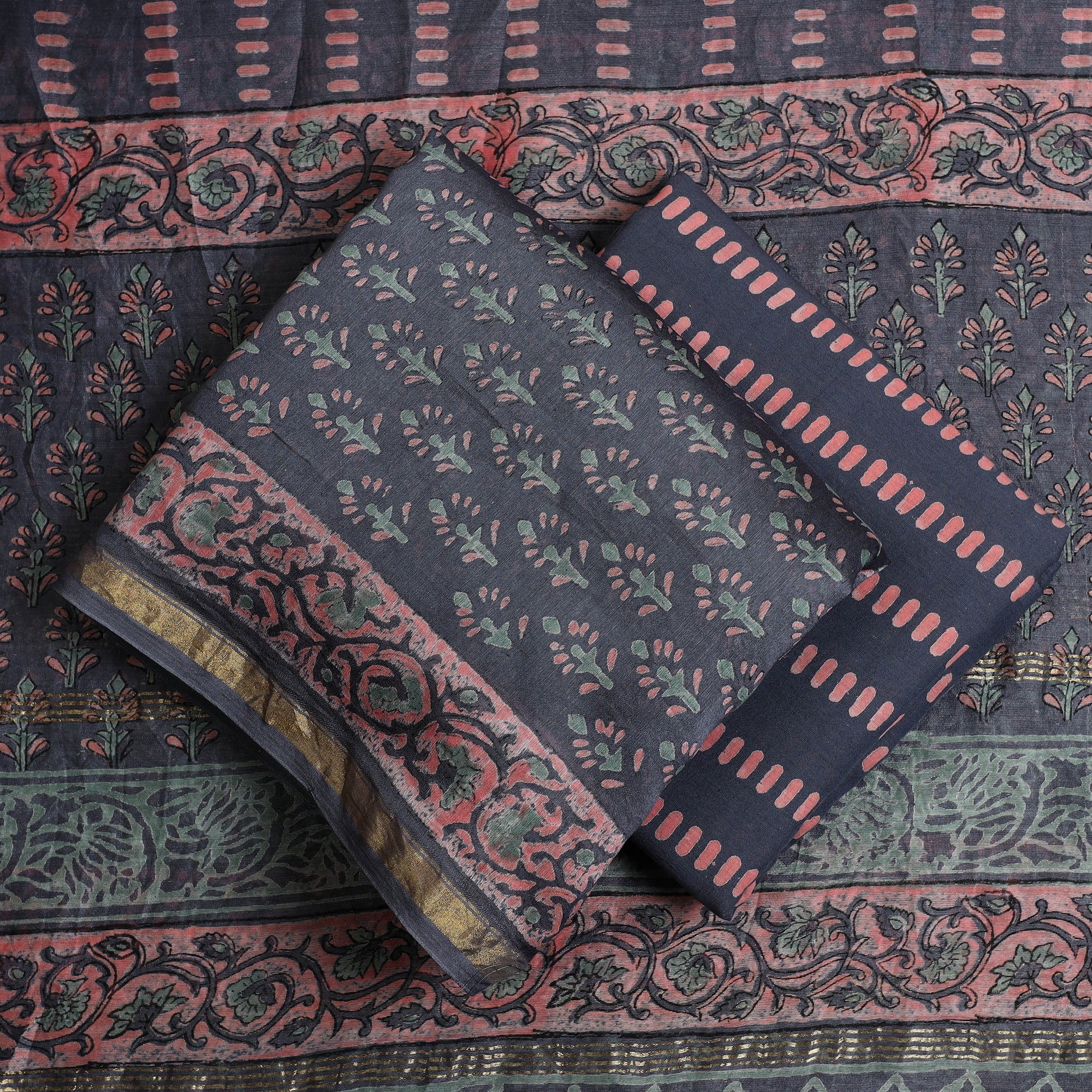 ARTISAN HAND BLOCK PRINTS Blue - 3pc Sanganeri Block Print Chanderi Silk Dress Material 21 - view 2