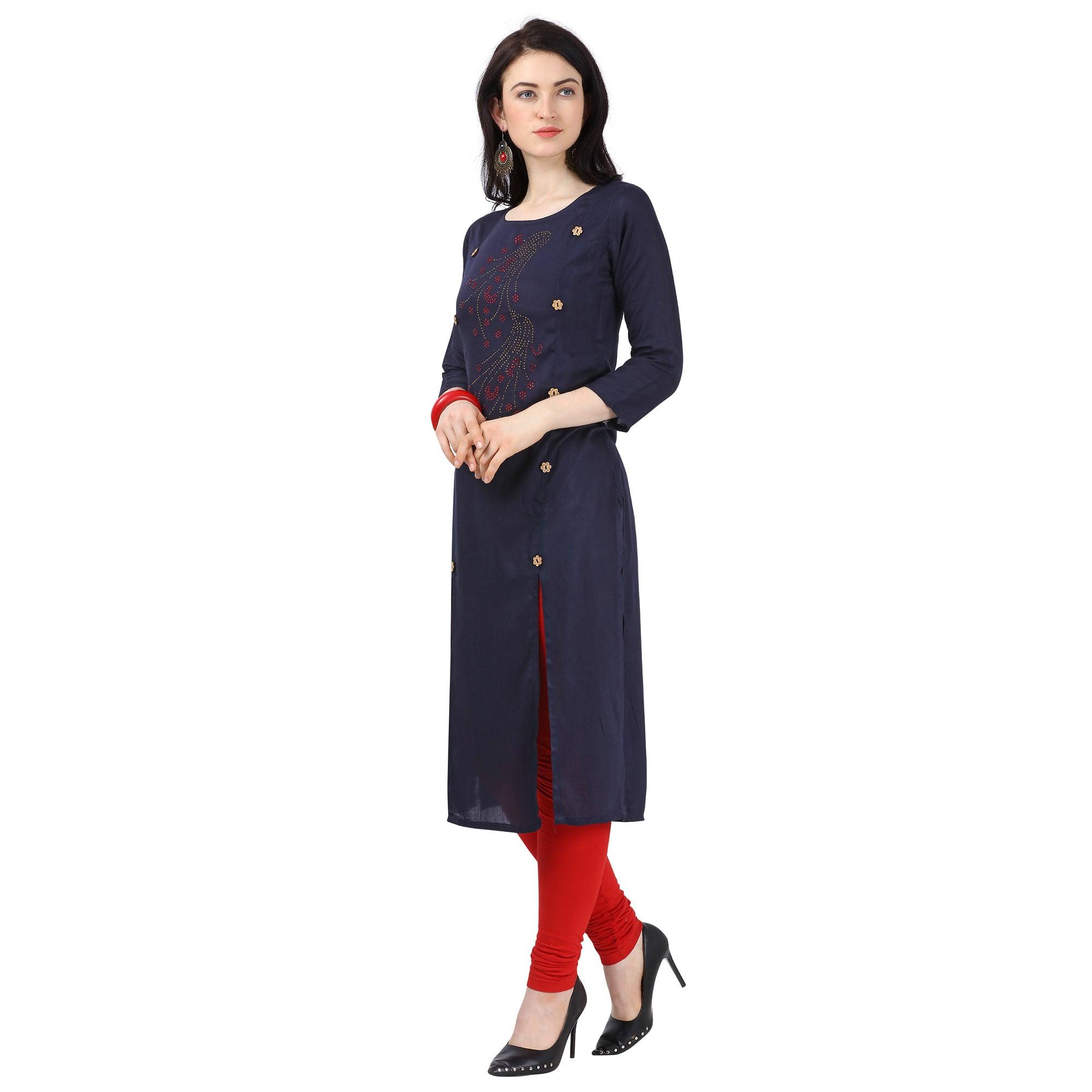 Peachmode Seller Majesty Navy Blue Colored Partywear Embellished Rayon Kurti - view 3