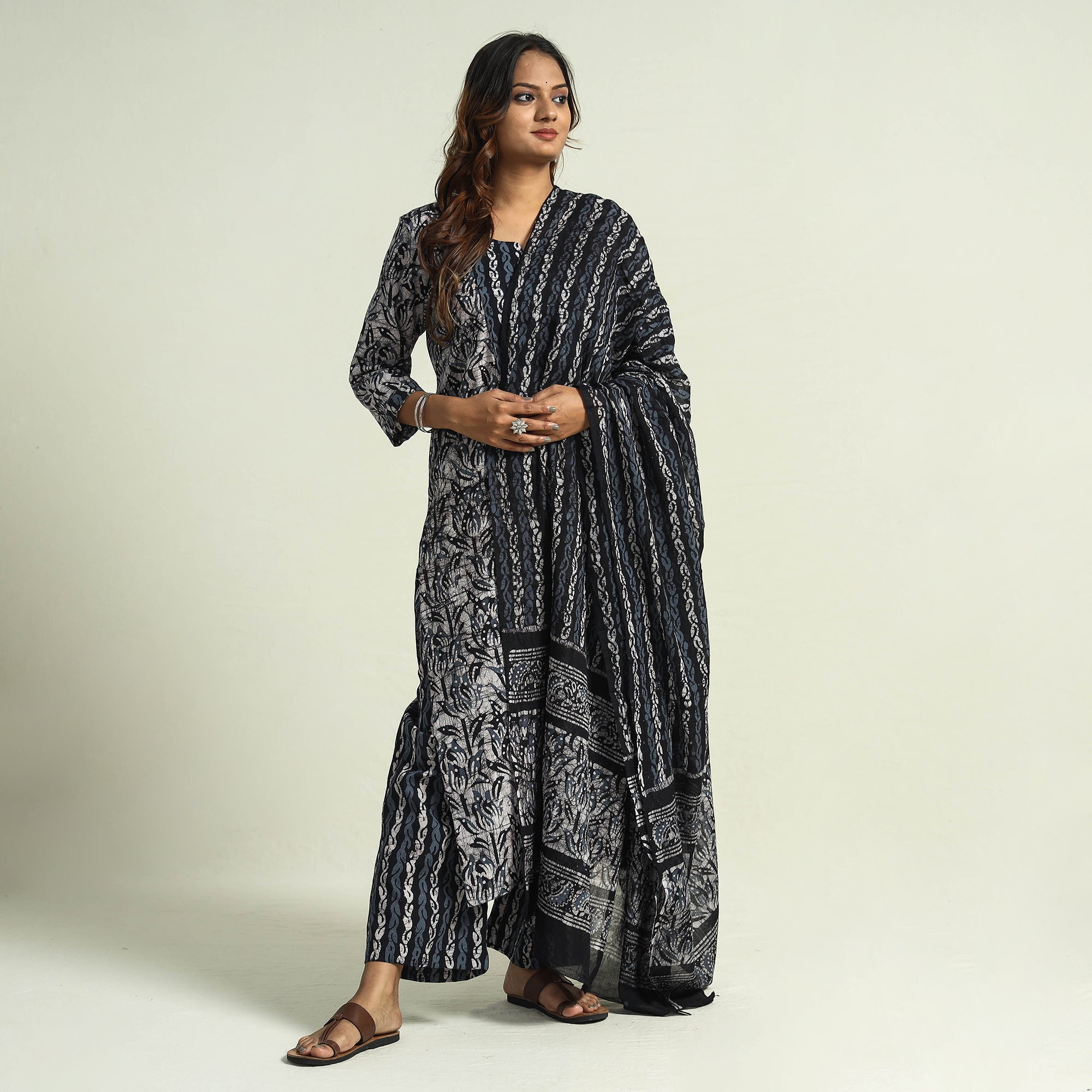ITOKRI CASUALS Black - Hand Batik Printed Cotton Kurta with Palazzo & Dupatta Set