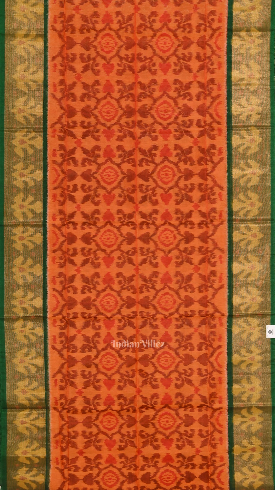 IndianVillèz Orange Green Pochampally Ikat Sico (Silk & Cotton) Saree with Zari Border - view 3