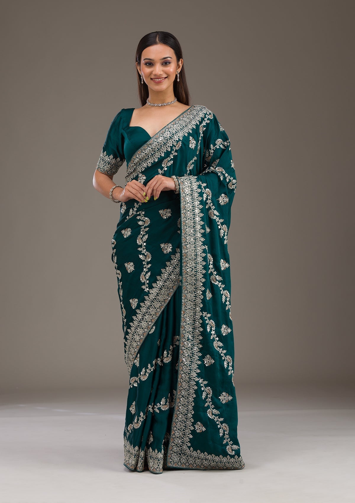 Koskii Bottle Green Threadwork Satin Saree – Women's