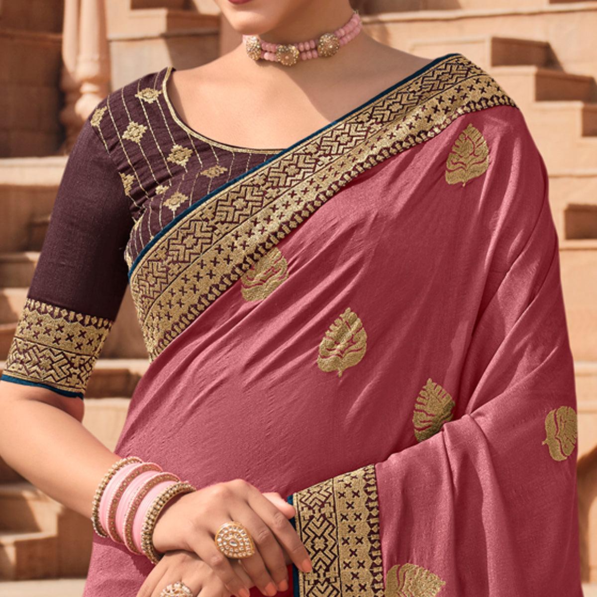 Peachmode Light pink Party Wear Embroidered Art Silk Saree - view 3