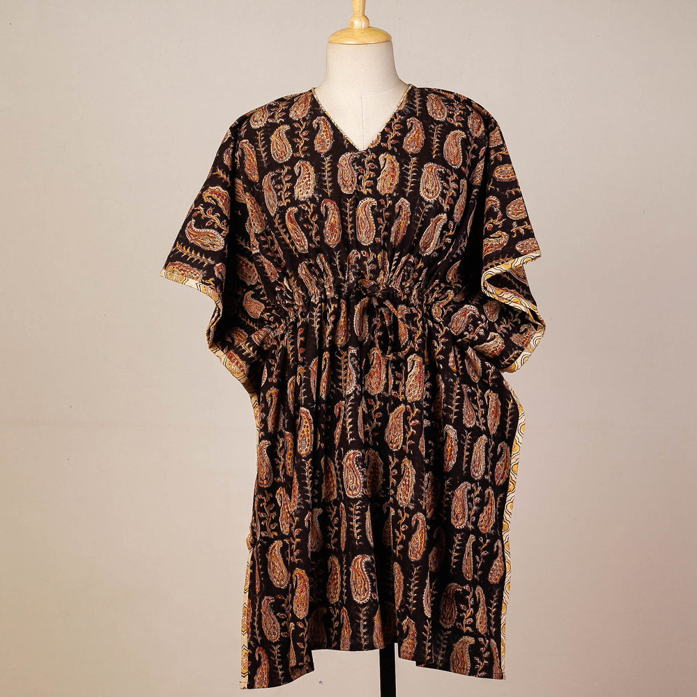 CHUTNEY CRAFT STUDIO Black - Block Print Cotton Kalamkari Kaftan with Tie-Up Waist (Medium)