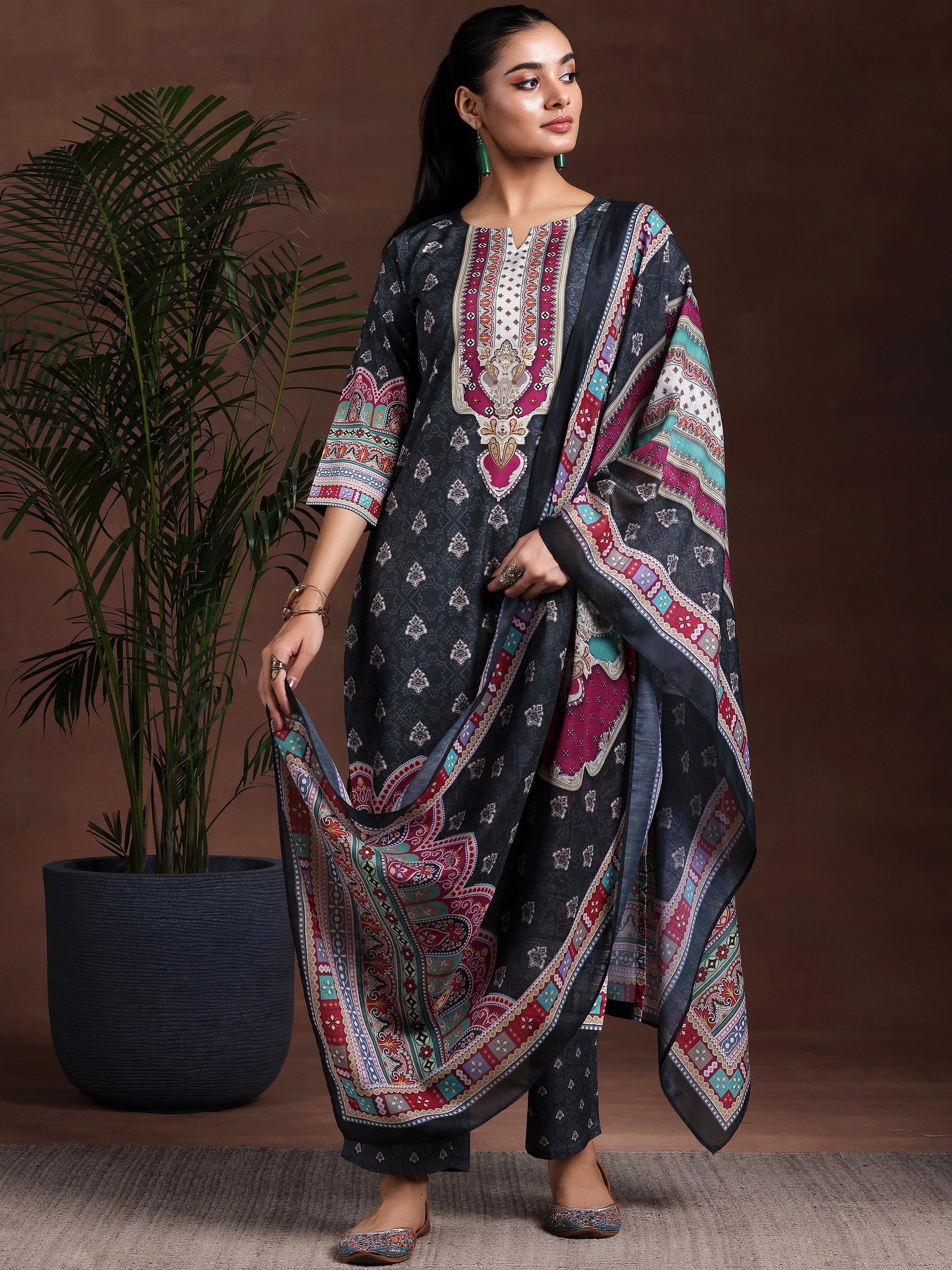 Libas Black Printed Poly Crepe Straight Suit With Dupatta - view 2