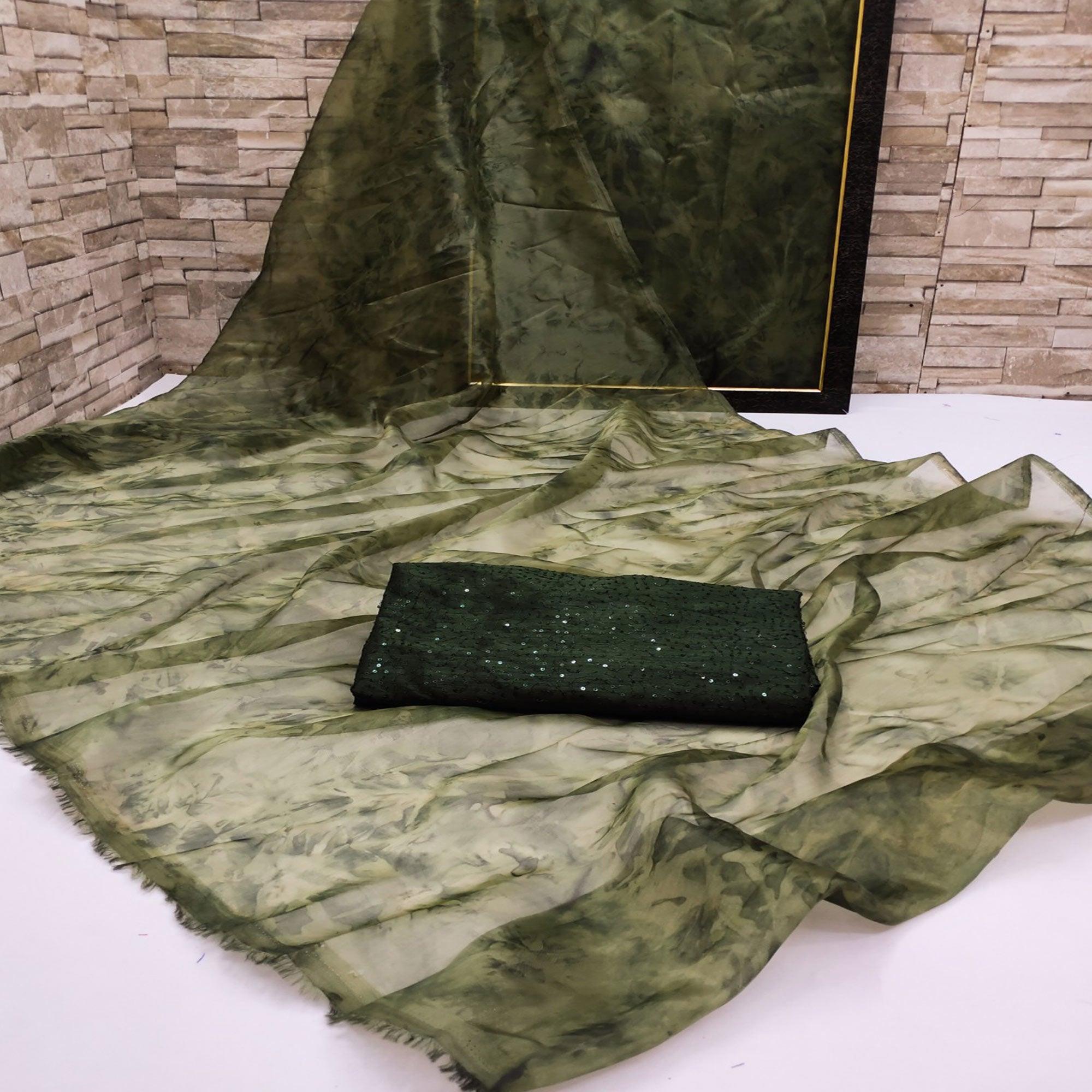 Green sarees – BlackTree green-casual-wear-printed-organza-saree-137156