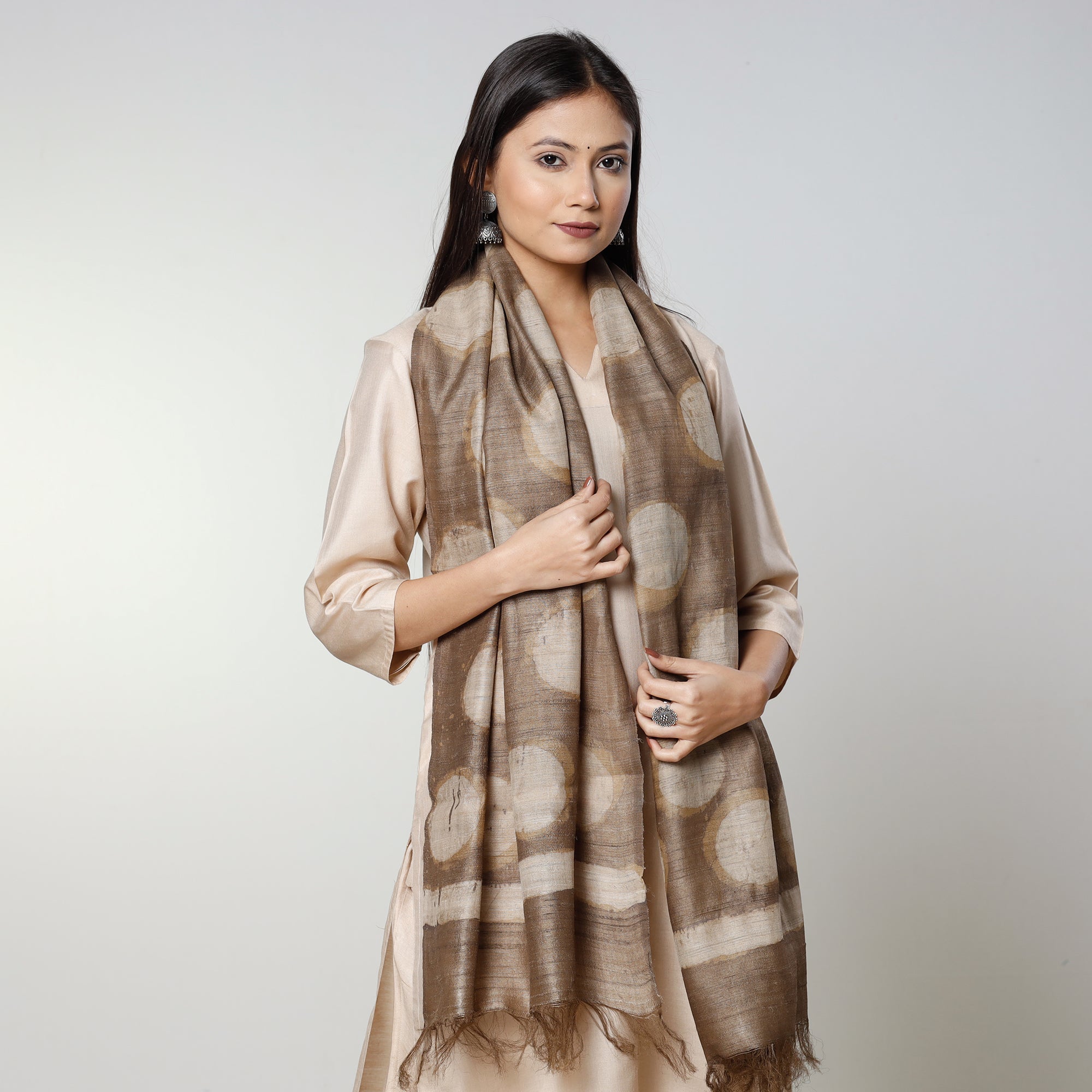 BINDAAS UNLIMITED Brown - Handloom Block Art Print Tussar Silk Bindaas Stole - view 2