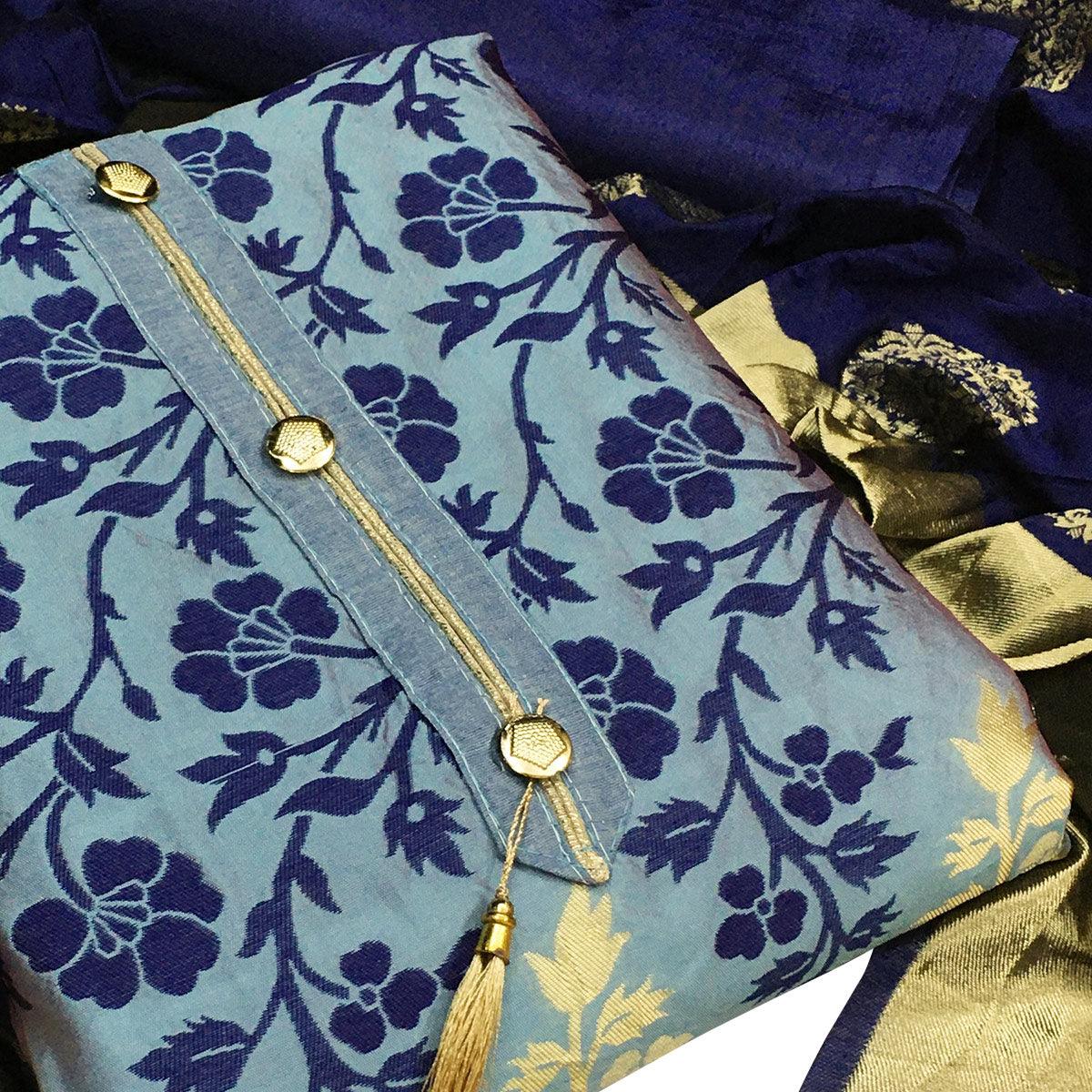 Peachmode Flamboyant Blue Colored Festive Wear Woven Heavy Banarasi Silk Dress Material - view 5