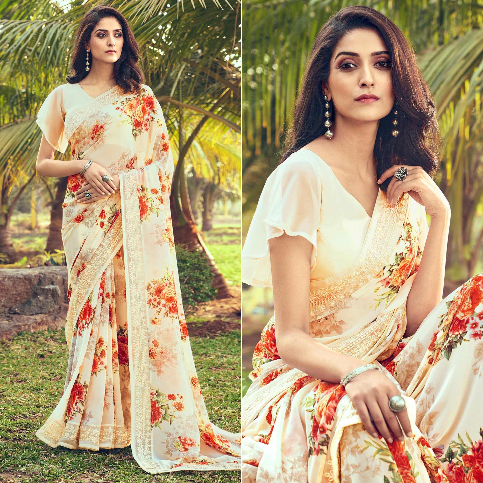 Peachmode Cream Floral Printed With Embroidered Border Georgette Saree