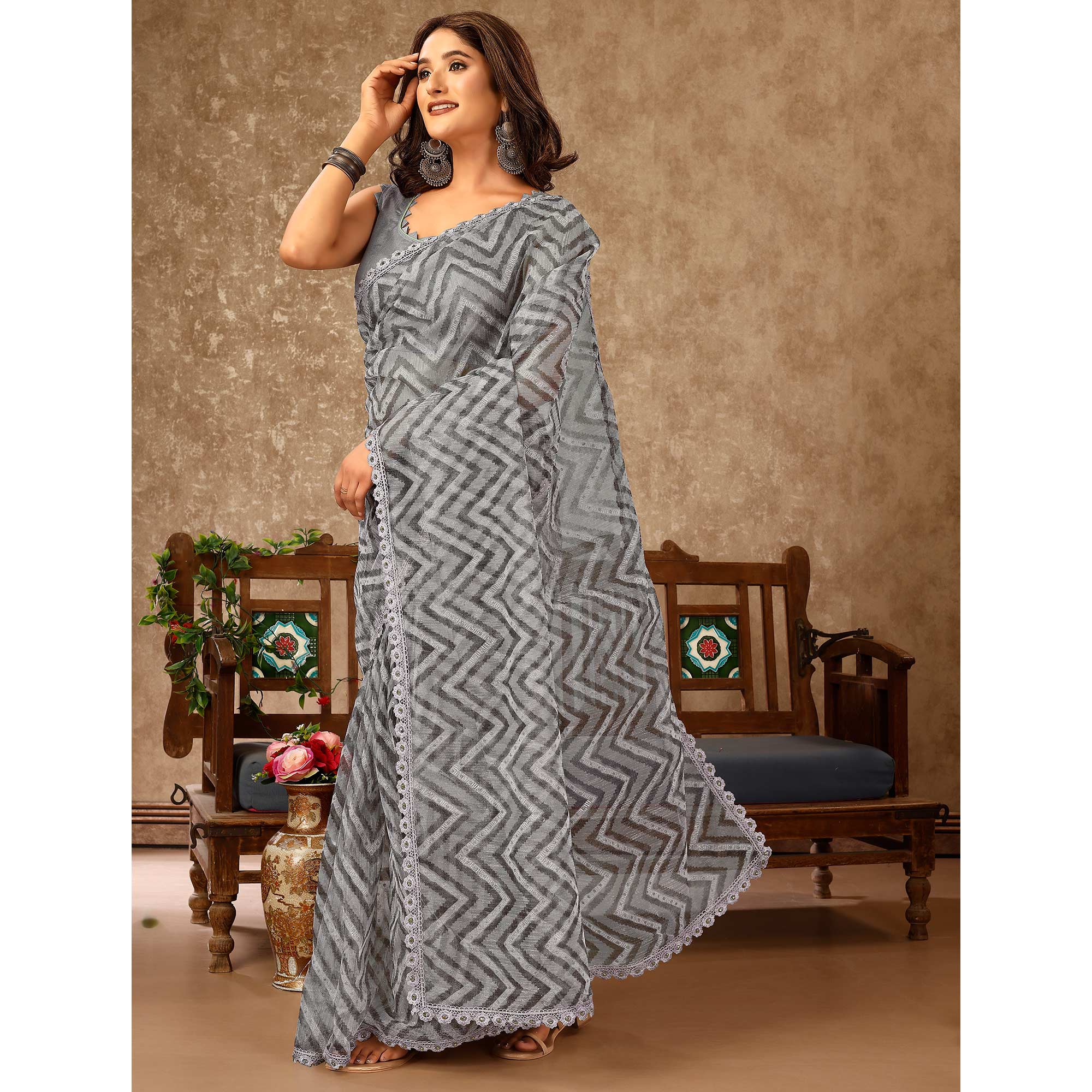 Peachmode Seller Grey Zig Zag Printed With Stone Work Organza Ready To Wear Saree - view 4