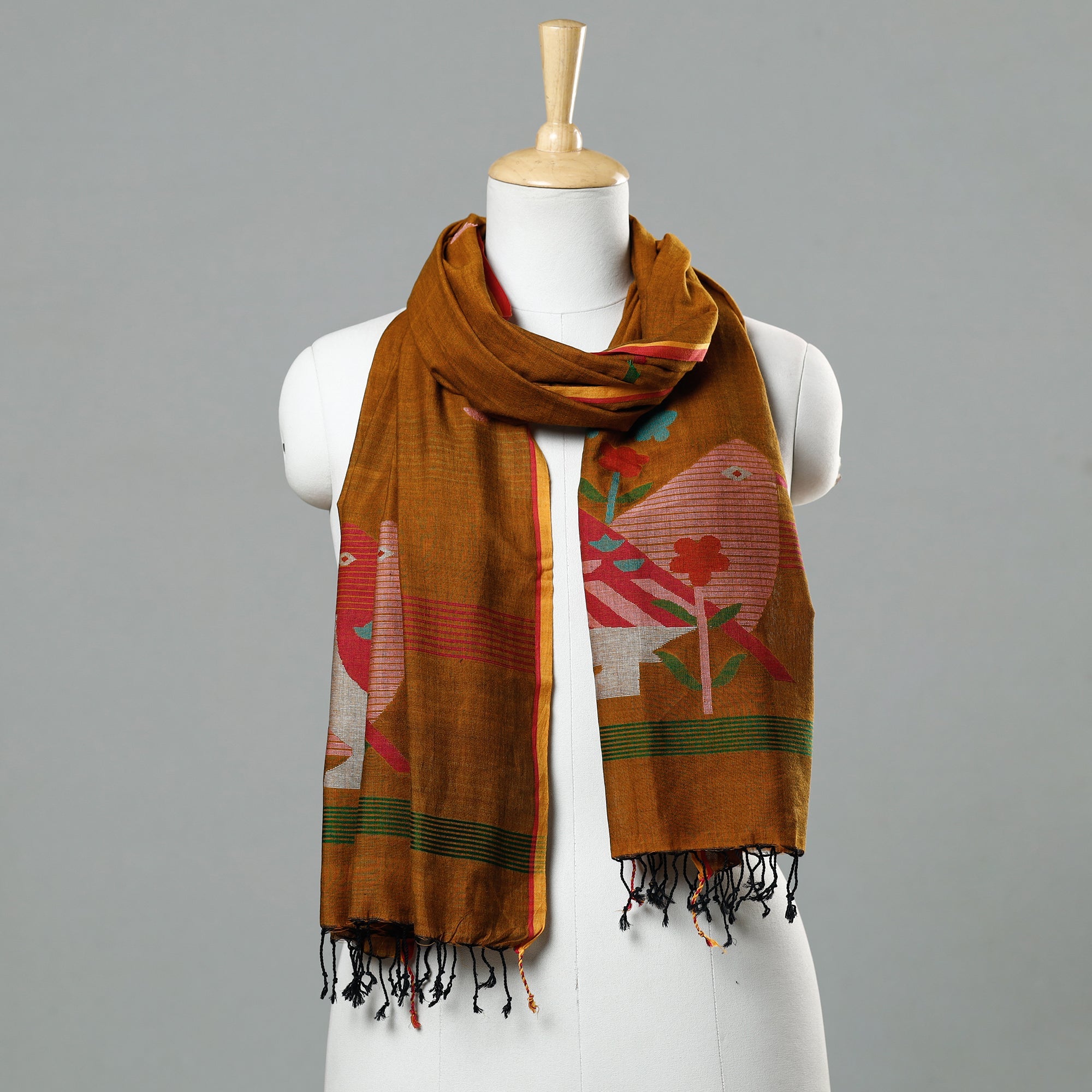 ALANKRITA Brown - Jamdani Handloom Cotton Stole with Tassels