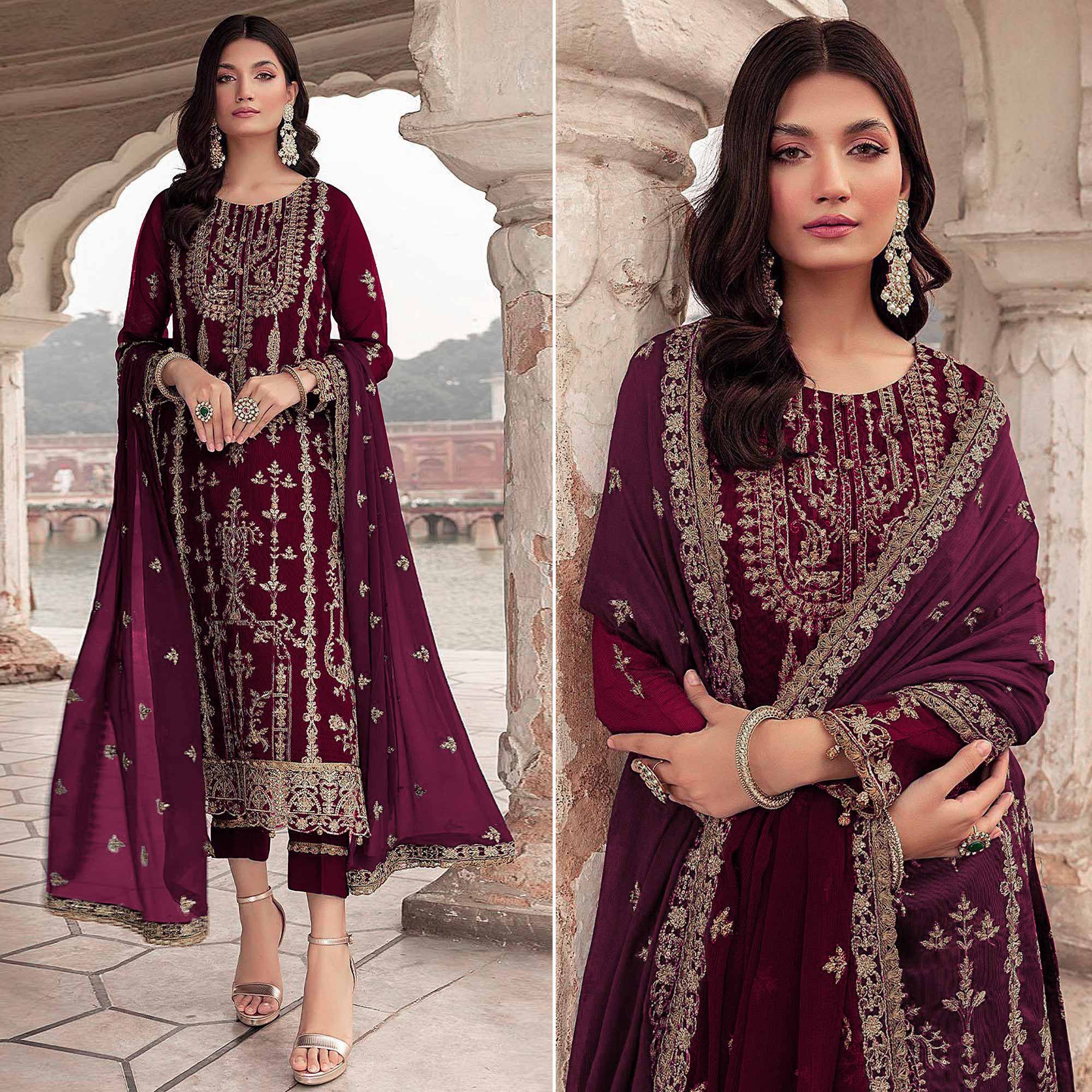 Peachmode Maroon Floral Sequins Embroidered Georgette Semi Stitched Suit