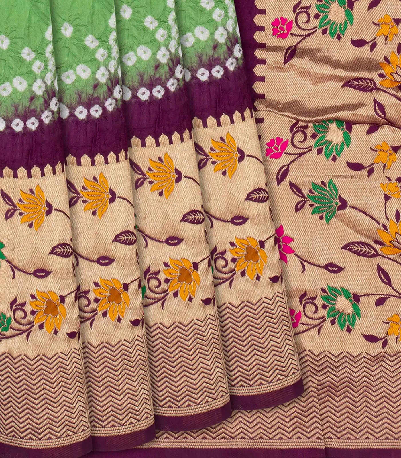 RmKV Light Green Woven Blended Bandhej Saree With Paithani Border-Light Green